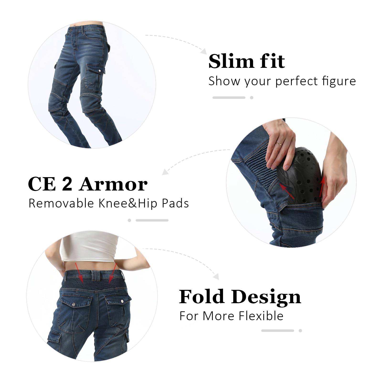 Women's CE Armor Motorcycle Jeans - Slim Fit with Knee & Hip Protectors for Safe Riding