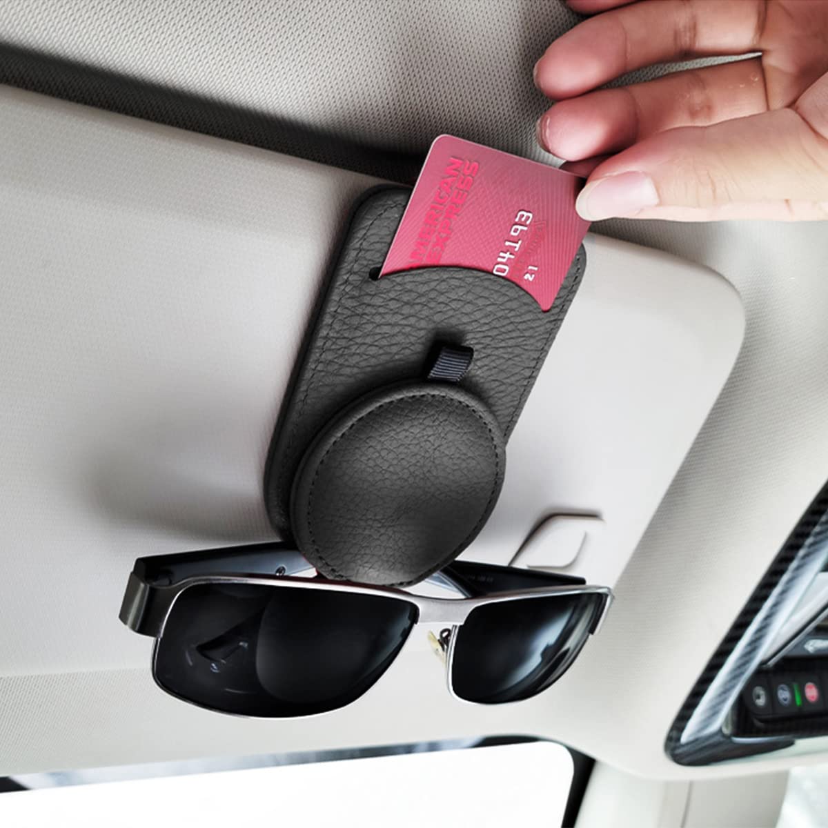 Fekey&JF Magnetic Leather Sunglass Holder for Car - Strong Magnet Eyeglasses Clip for Sun Visor - Convenient Sunglasses Mount for Glasses & Cards - Perfect Car Accessories (Black) - Ideal for Driving, Travel & Daily Organization