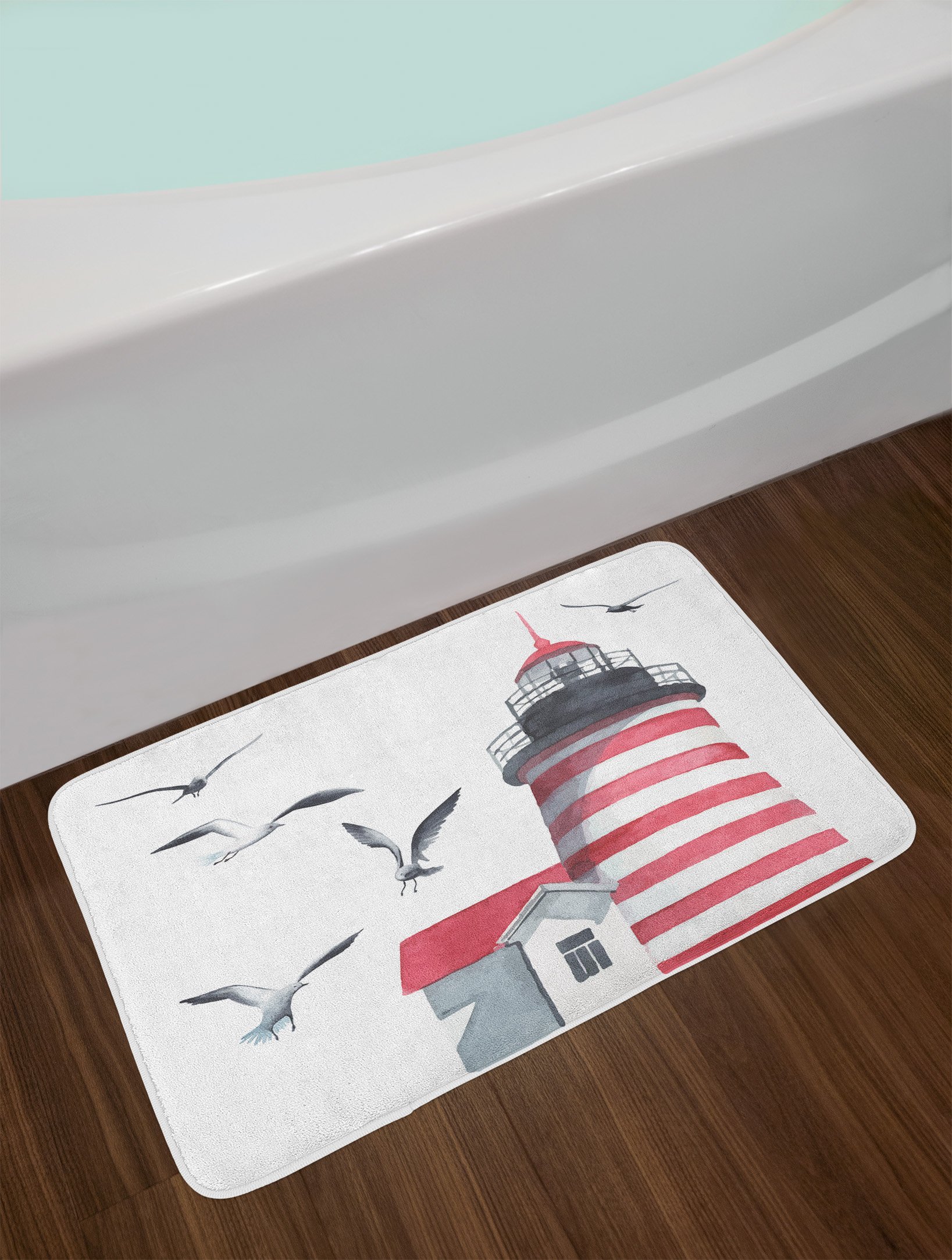 Ambesonne Non-Slip Plush Bath Mat with Lighthouse and Seagulls Beach Design - 30.2