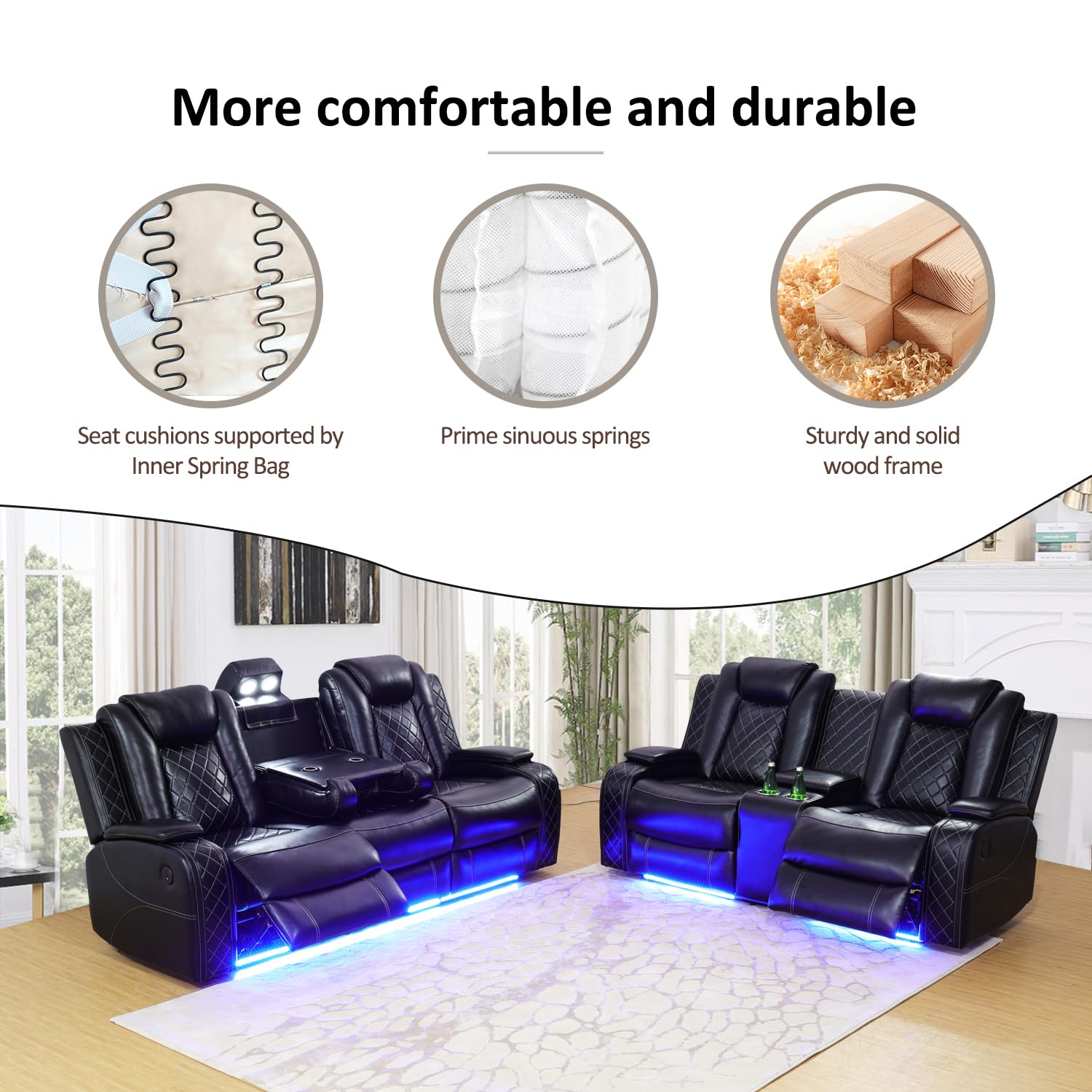 Luxury Power Recliner Sofa Set - Leather Reclining Loveseat & Sofa for Living Room, Small Space, RV, Home Office & Home Theater (Black, Sofa+Loveseat) - Perfect for Movie Nights & Relaxing