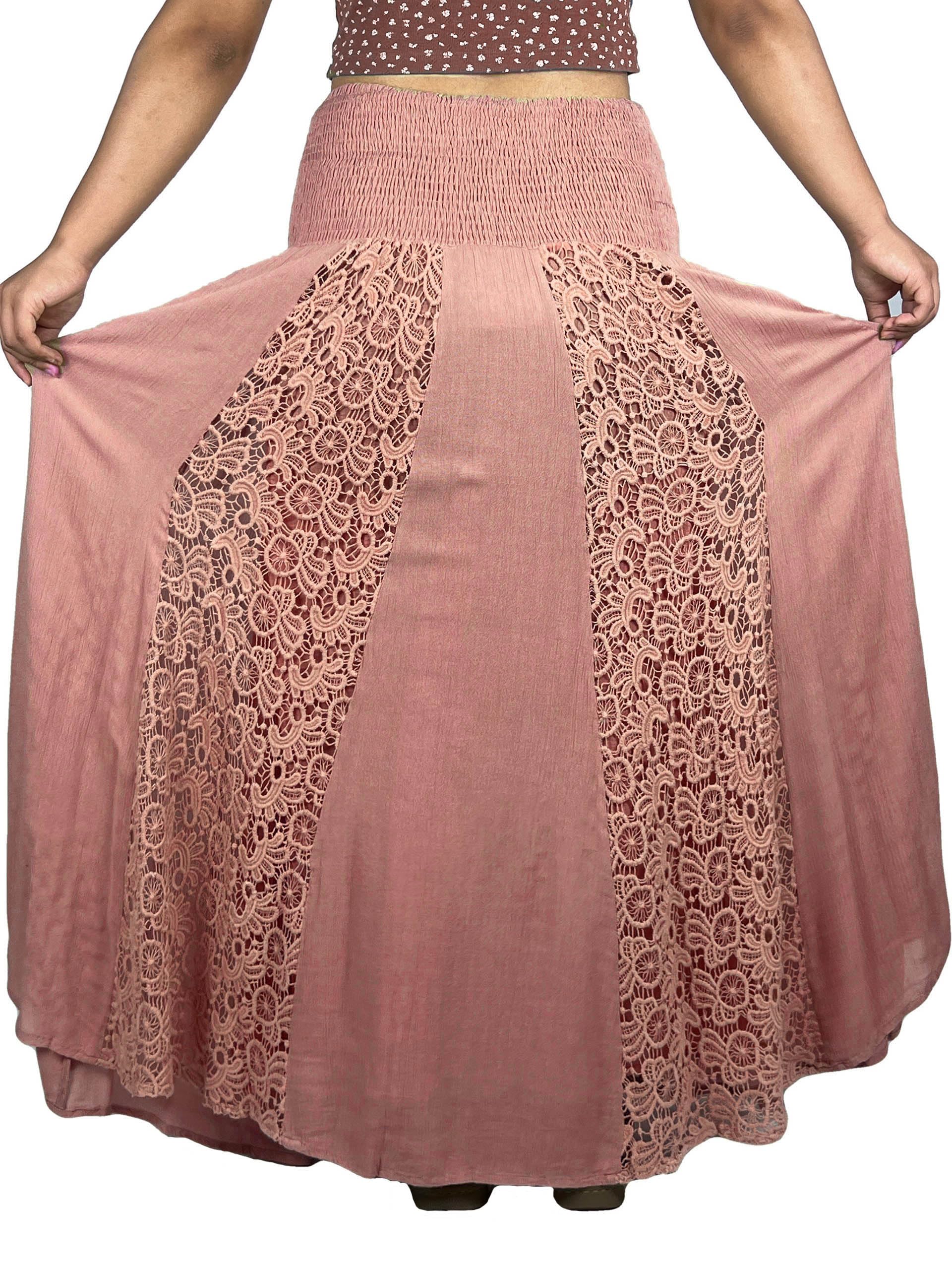Agan Traders Women's Bohemian Maxi Skirt - Soft Rayon Smocked Elastic Waist Long Gypsy Skirt for Spring 2025 | Perfect for Beach, Music Festivals & Boho Chic Outfits
