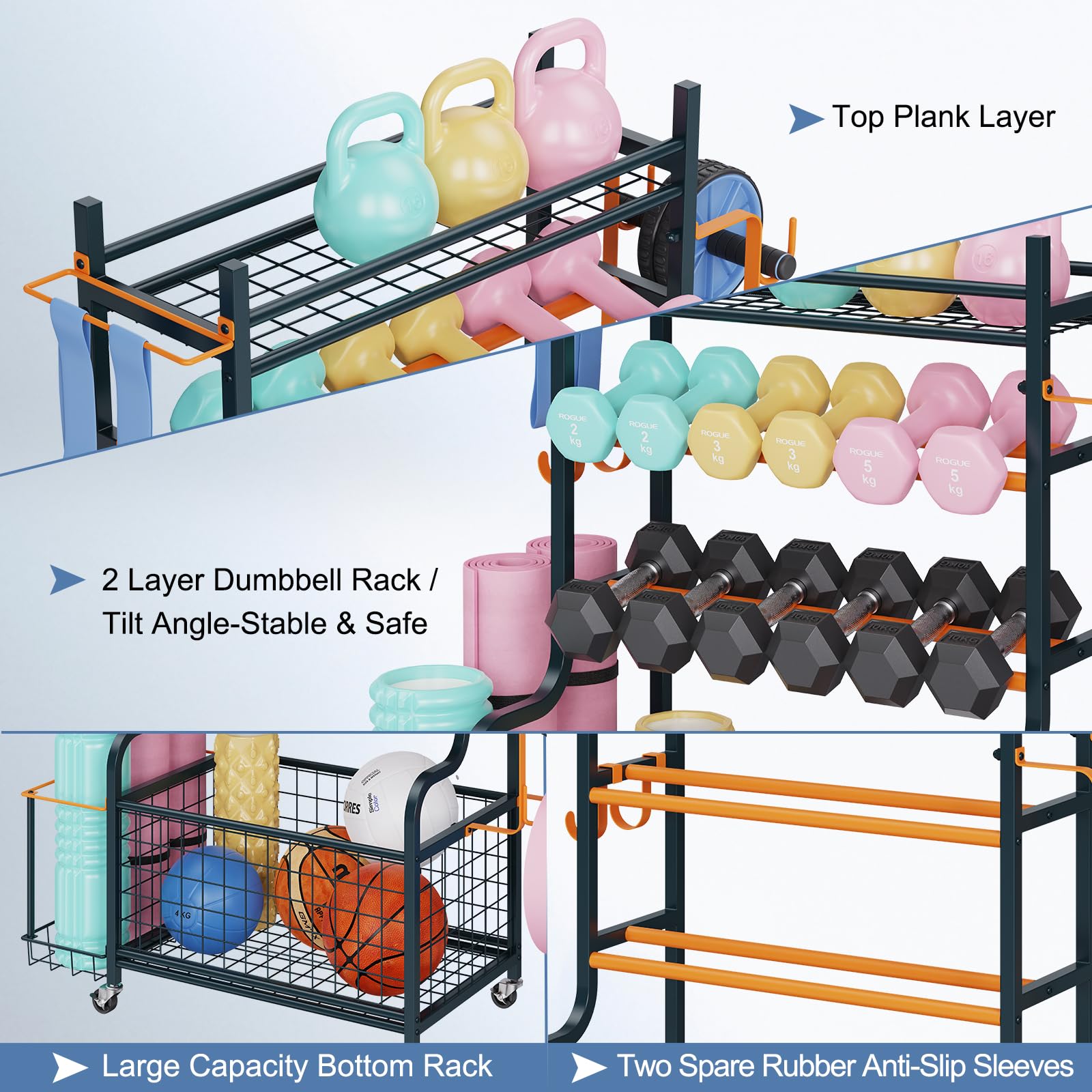 Dumbbell Weight Rack & Yoga Mat Storage Organizer - Heavy Duty Home Gym Equipment Cart with Wheels & Hooks for Dumbbells, Kettlebells & Workout Accessories | Perfect for Garage Gym, Home Workout & Yoga Studio Organization