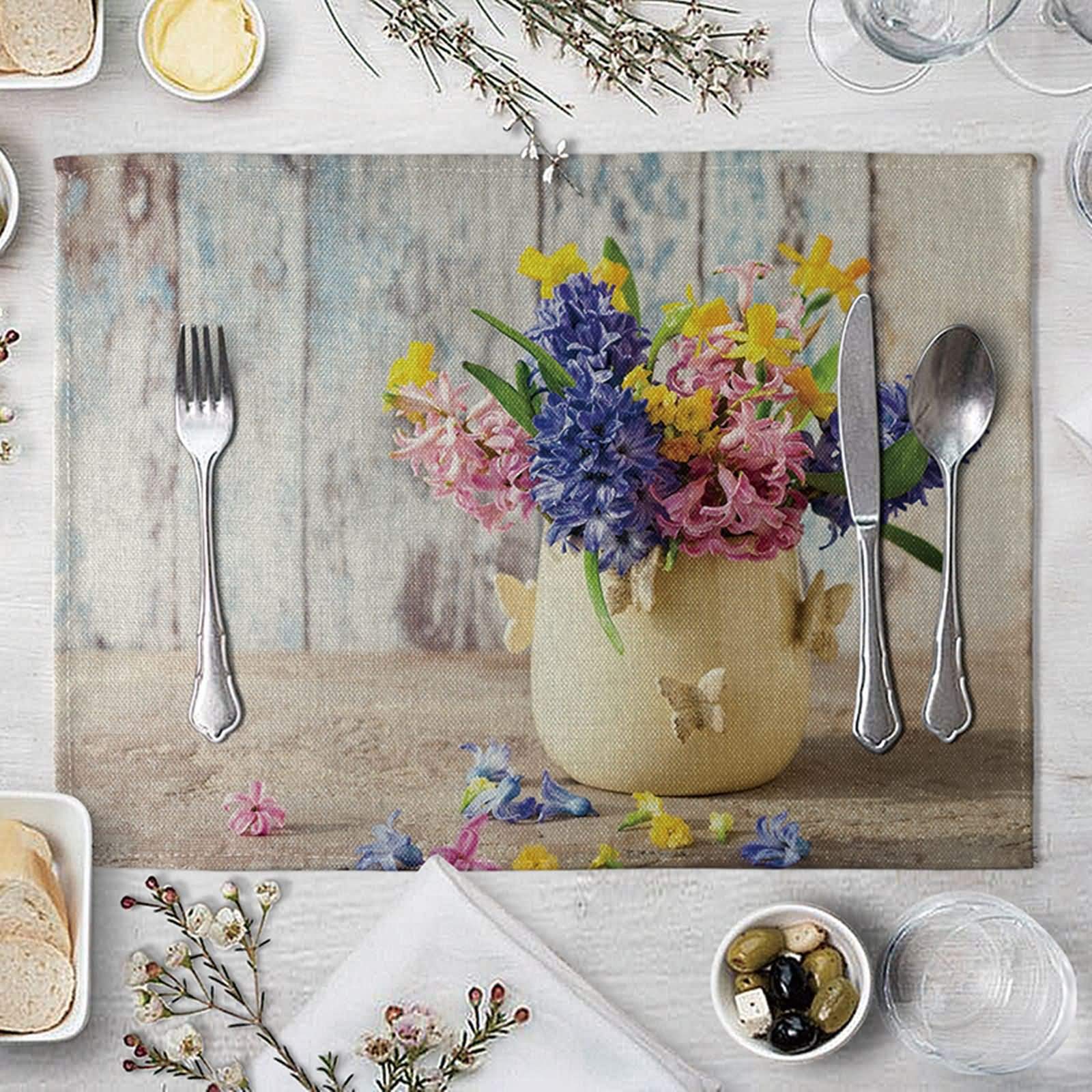 Lieson 2-Pack Cotton Linen Placemats for Dining Table - 16x12 Inch Pink Blue Yellow Hyacinth Butterfly Vase Design - Elegant Table Setting for Everyday Meals & Dinner Parties