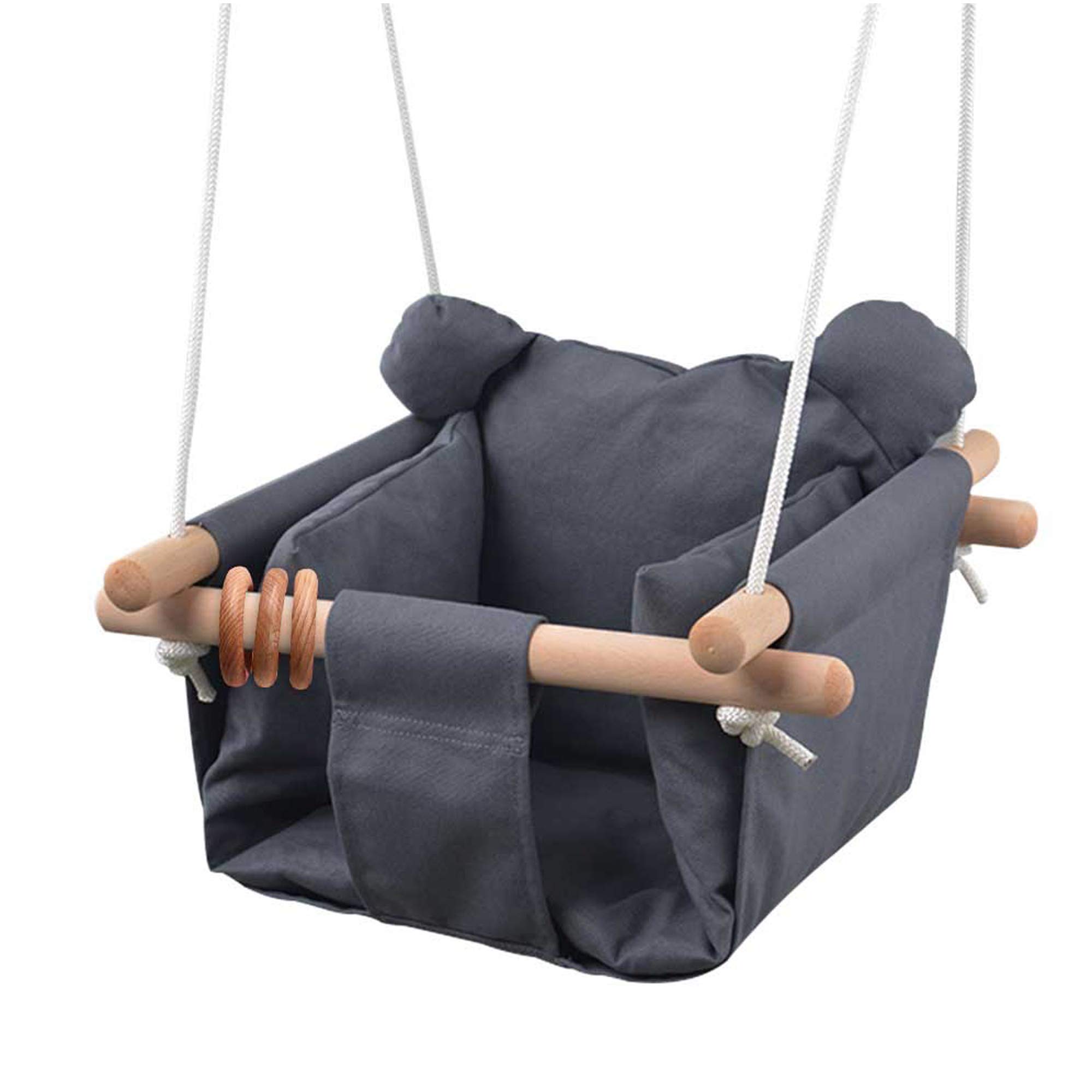 Baby Canvas Hanging Swing Seat with Safety Straps - Wooden Horse Swing for Toddlers - Indoor & Outdoor Hammock Toy for Kids (Grey) - Perfect for Nursery, Backyard, and Playroom Fun