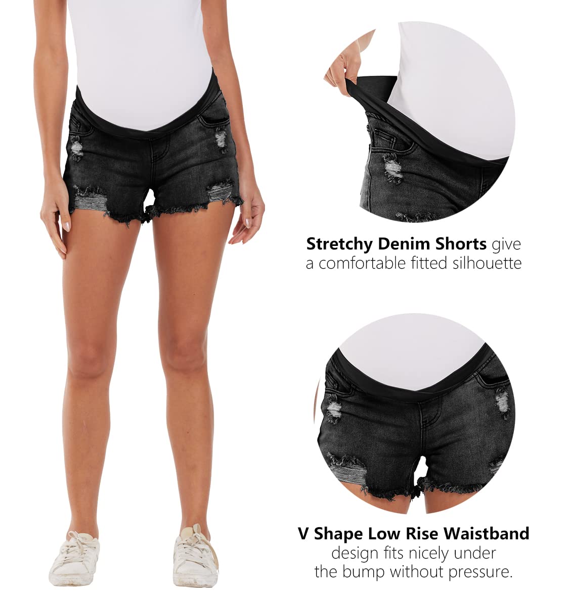 Foucome Women's Maternity Ripped Jean Shorts - Distressed Denim Shorts for Summer - Comfortable Stretch Pregnancy Shorts for Casual Wear, Beach & Outdoor Activities