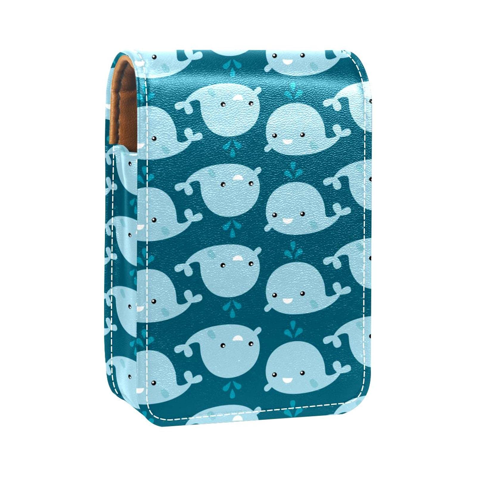 Whale Print Portable Lipstick Holder with Mirror - Cute Mini Makeup Organizer for Women (Holds 3 Lipsticks) - Perfect for Travel, Purse & On-the-Go Touch Ups