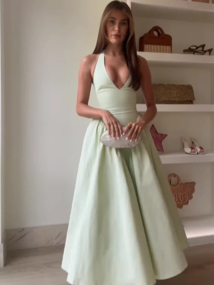 Elegant V-Neck Green Long Dress for Women - High Waist A-Line Halter Midi Vestidos - Summer Evening Party Dress 2025 - Perfect for Weddings, Cocktail Parties & Formal Events