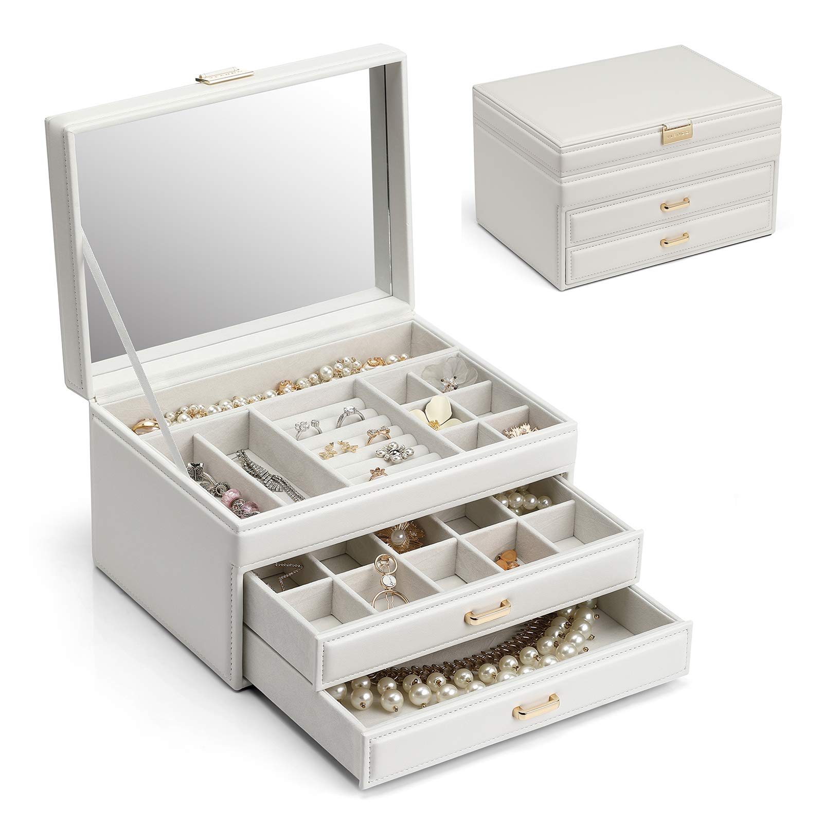 Vlando Large Capacity Jewelry Organizer Box with Mirror - Elegant White Jewelry Storage Case for Women & Girls - Perfect for Earrings, Necklaces, Bracelets - Great Gift Idea for Birthdays & Anniversaries - Ideal for Bedroom Vanity, Dresser Top & Travel