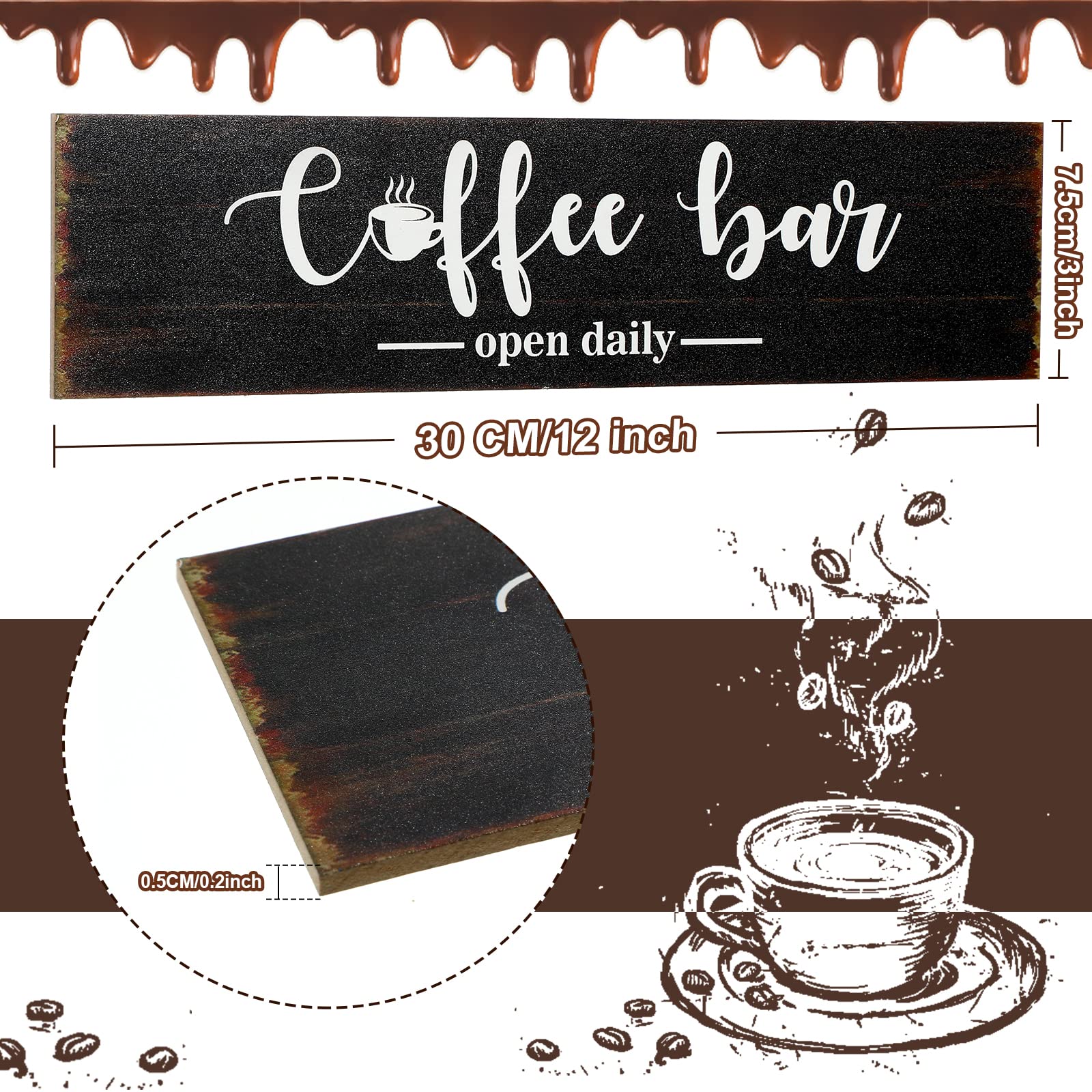 Rustic Wood Coffee Bar Sign - Farmhouse Wall Decor for Coffee Station, 2.95 x 11.8 Inches, Brown Background - Perfect for Kitchen, Café, or Home Bar Décor