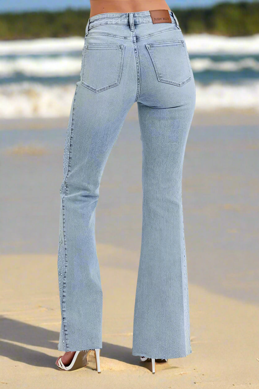 Judy Blue Women's Mid Rise Rhinestone Side Panel Flare Jeans - Stylish Stretch Denim Pants for Casual Wear & Night Out