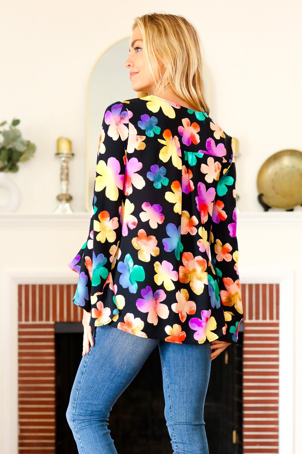 Be Bold Black Floral Hi-Lo Ruffle Sleeve Woven Blouse | Women's Fashion Tops for Party, Date Night & Special Occasions