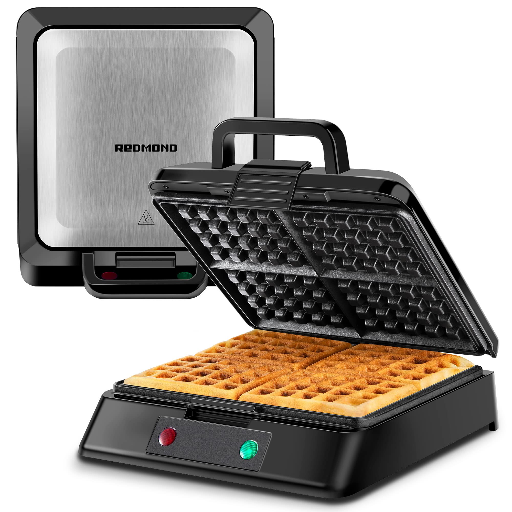 REDMOND 4-Slice Square Waffle Maker - Nonstick Stainless Steel Waffle Iron with 1300W Power - Perfect for Family Breakfast, Brunch & Camping - Compact Black Waffle Machine for Home & RV Use