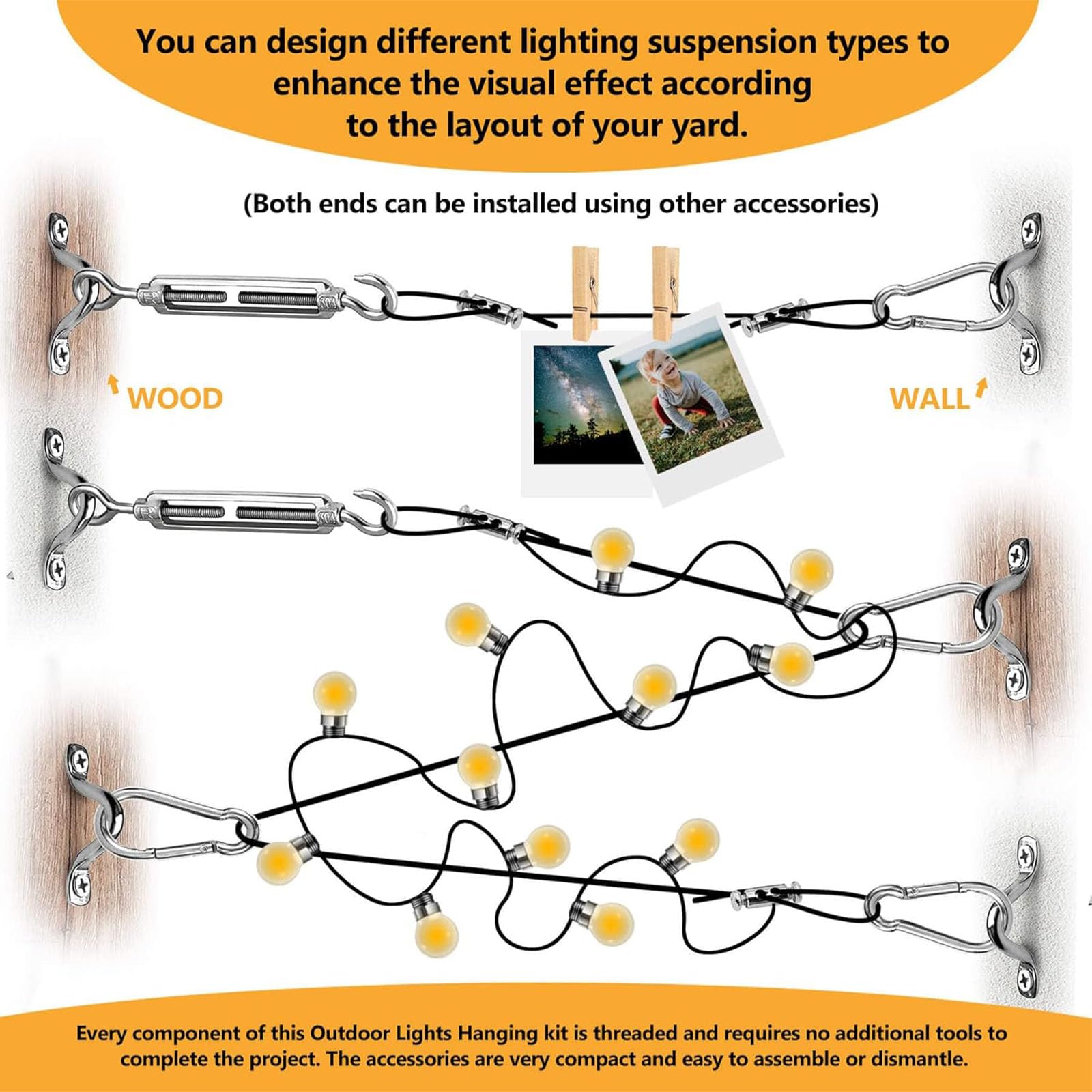 Outdoor String Light Hanging Kit with 164FT Nylon-Coated Stainless Steel Wire Rope, Turnbuckle & Hooks - Complete String Light Poles & Tension Wire System for Patio, Garden, Backyard, Wedding & Party Decorations