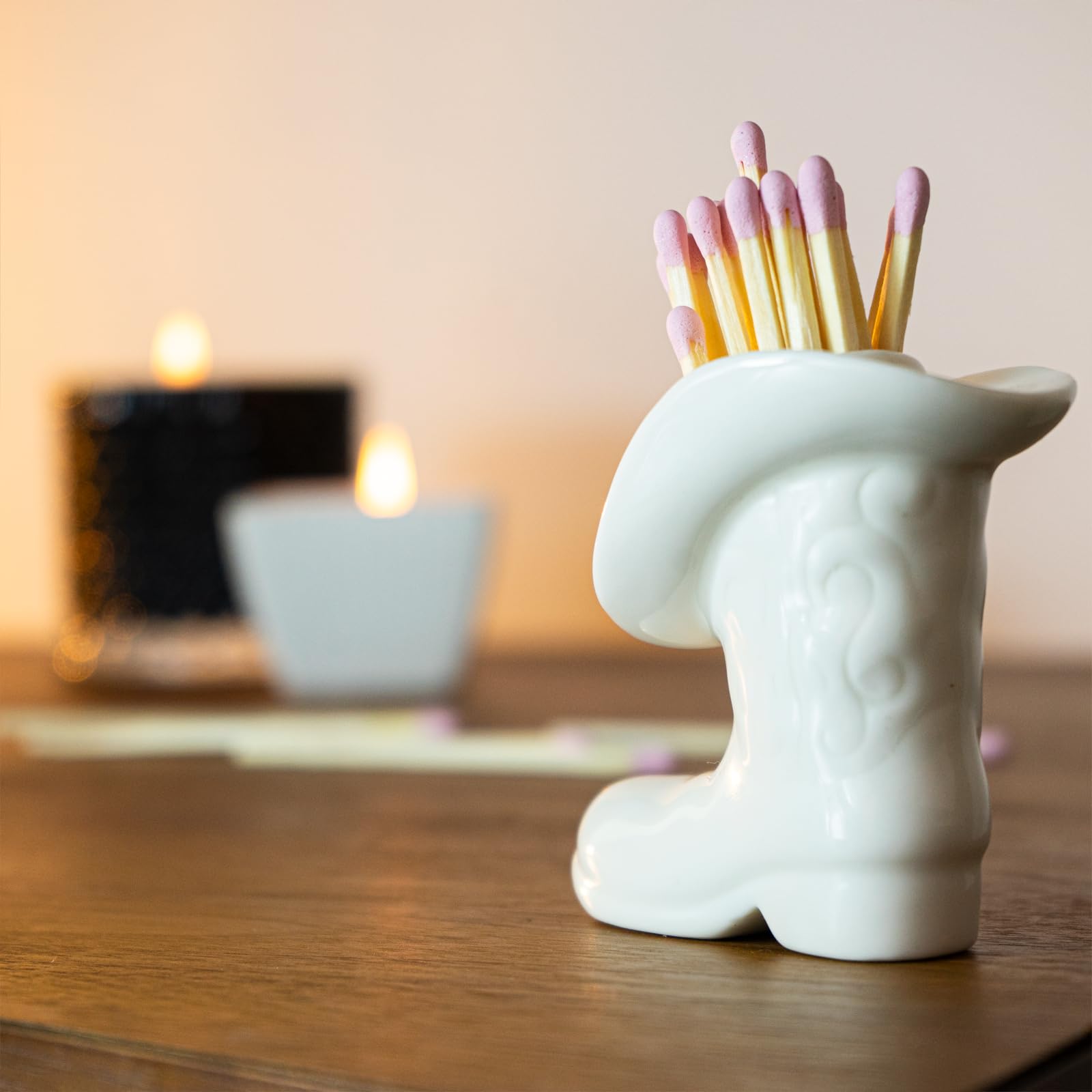 Ceramic Cowboy Boot Match Holder with Striker - Western Home Decor for Bathroom, Bedroom & Coastal Aesthetic - Glossy White Matchbox Holder for Rustic & Cowgirl Style