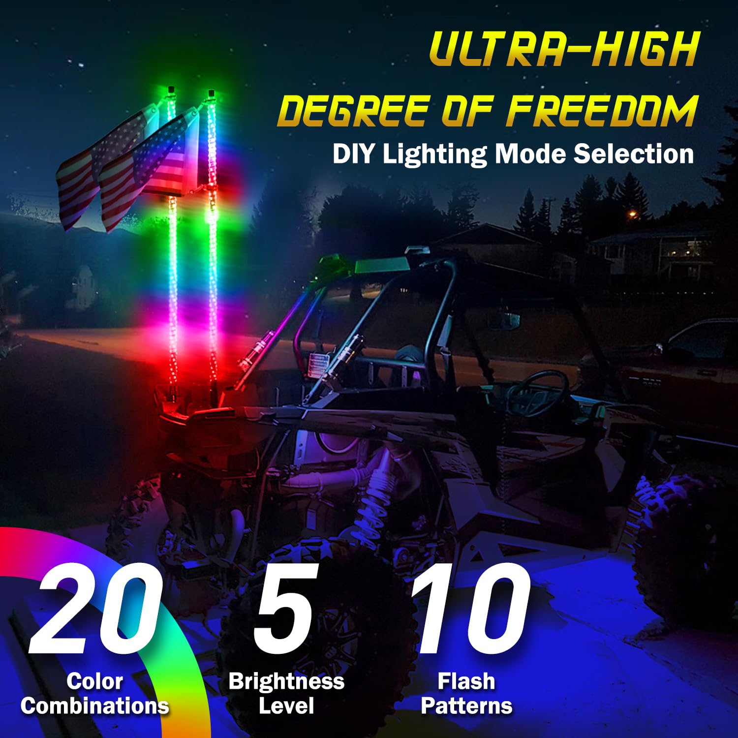 Super Bright RGB LED Whip Light - 5FT Colorful Chasing Light Bar with Spring Base, IP67 Waterproof, App & Remote Control for ATV, UTV, Boat, Truck - Perfect for Off-Road Adventures, Night Rides & Vehicle Customization