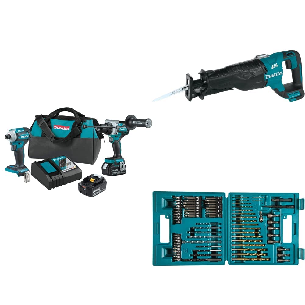 Makita XT288T 18V LXT Brushless Cordless 2-Piece Combo Kit with 5.0Ah Battery, XRJ05Z 18V LXT Brushless Reciprocating Saw & B-49373 75-Piece Metric Drill Bit Set - Perfect for Construction, Woodworking and DIY Home Improvement Projects