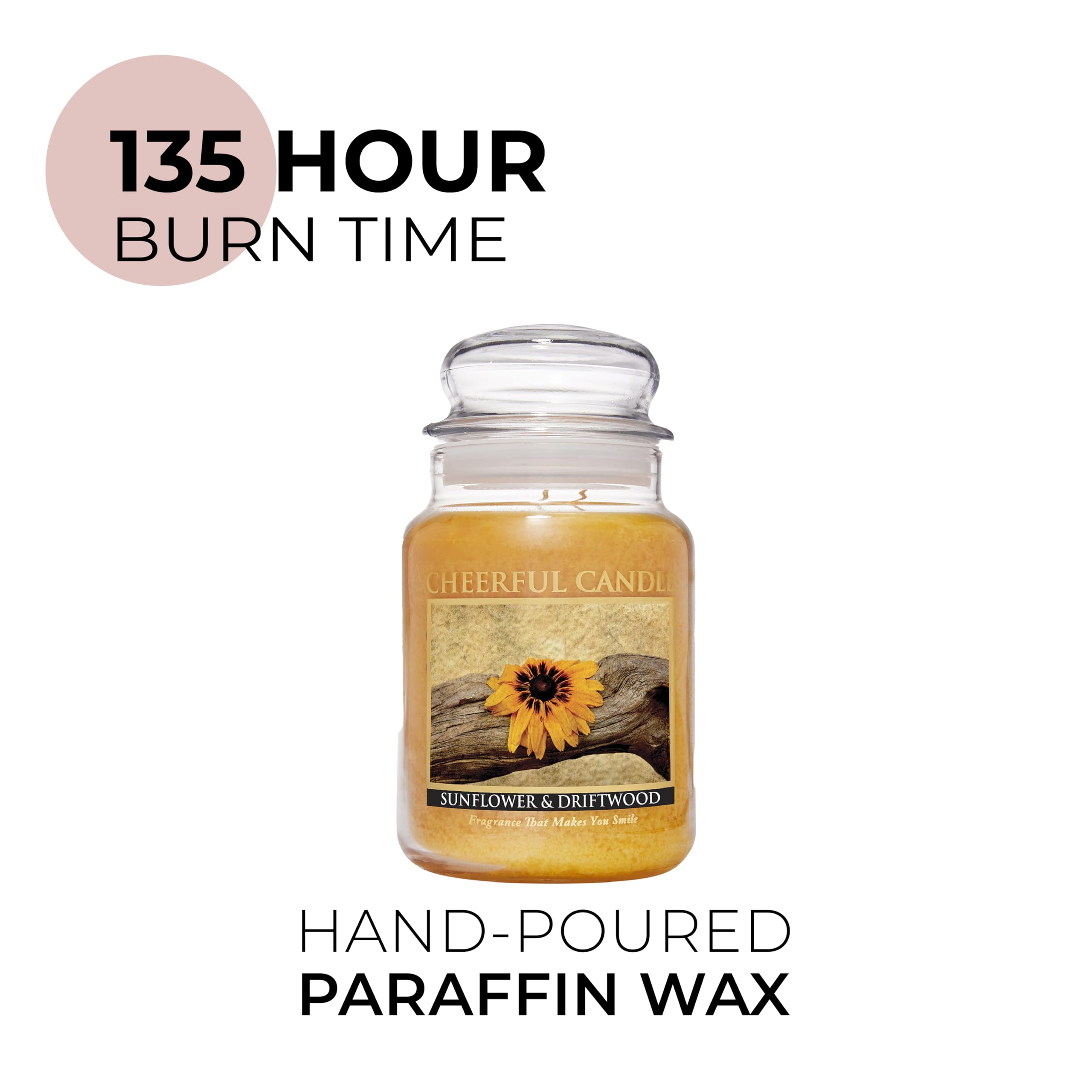 24oz Large Scented Candle Jar with Lid - Sunflower & Driftwood Fragrance - 135 Hours Burn Time - Cheerful Gift for Women - Perfect for Home Decor, Relaxation & Romantic Ambiance