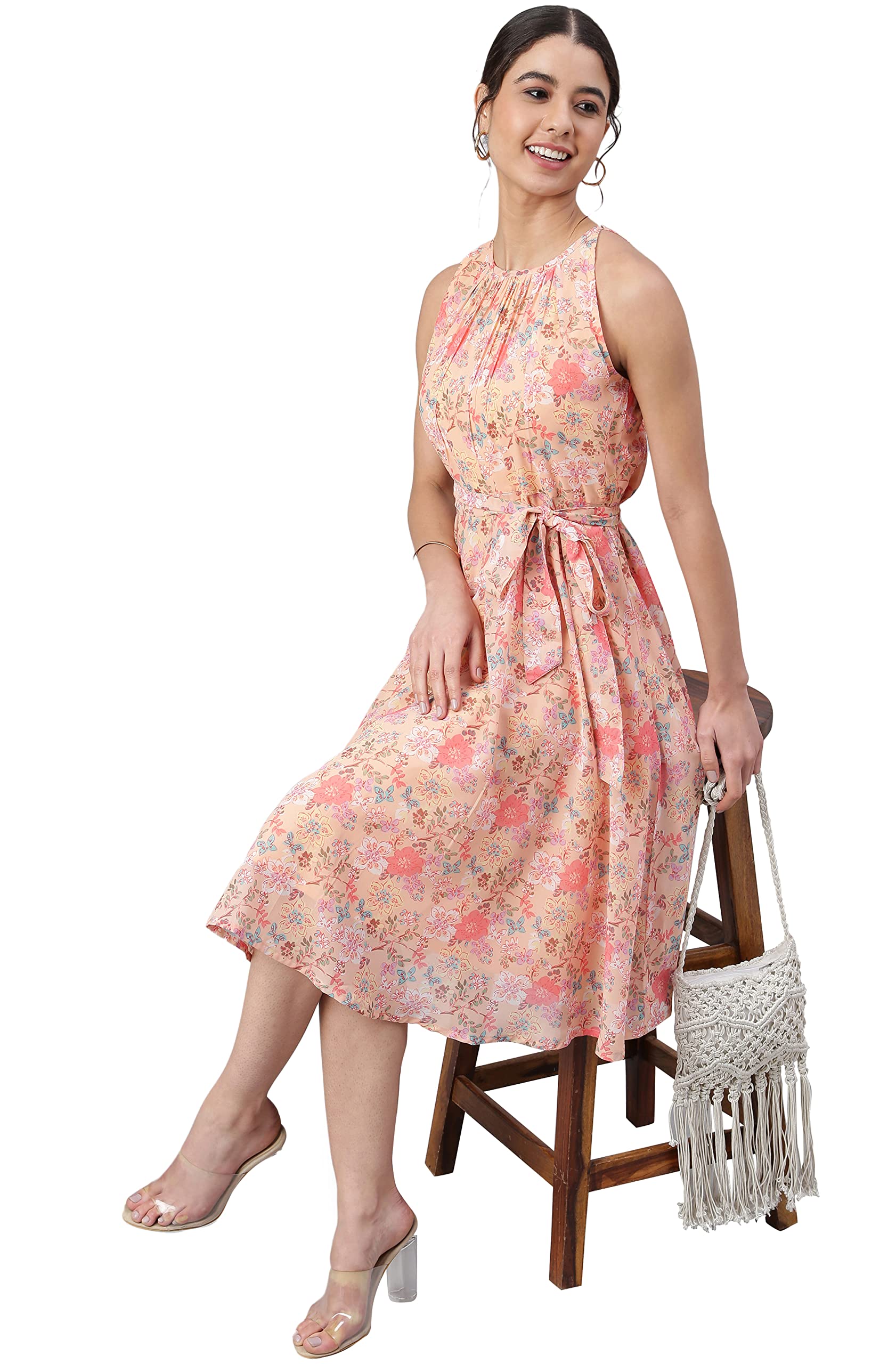 Janasya Indian Women's Peach Georgette Floral Print A-line Western Dress - Elegant Party Wear for Weddings, Festivals & Special Occasions