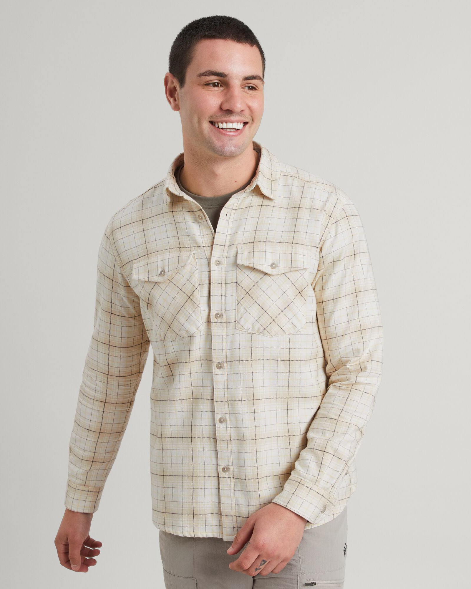 Men's Carrillon HF Long Sleeve Shirt - Natural/Sunlit Check Plaid Casual Button Down Shirt for Work, Office & Outdoor Activities