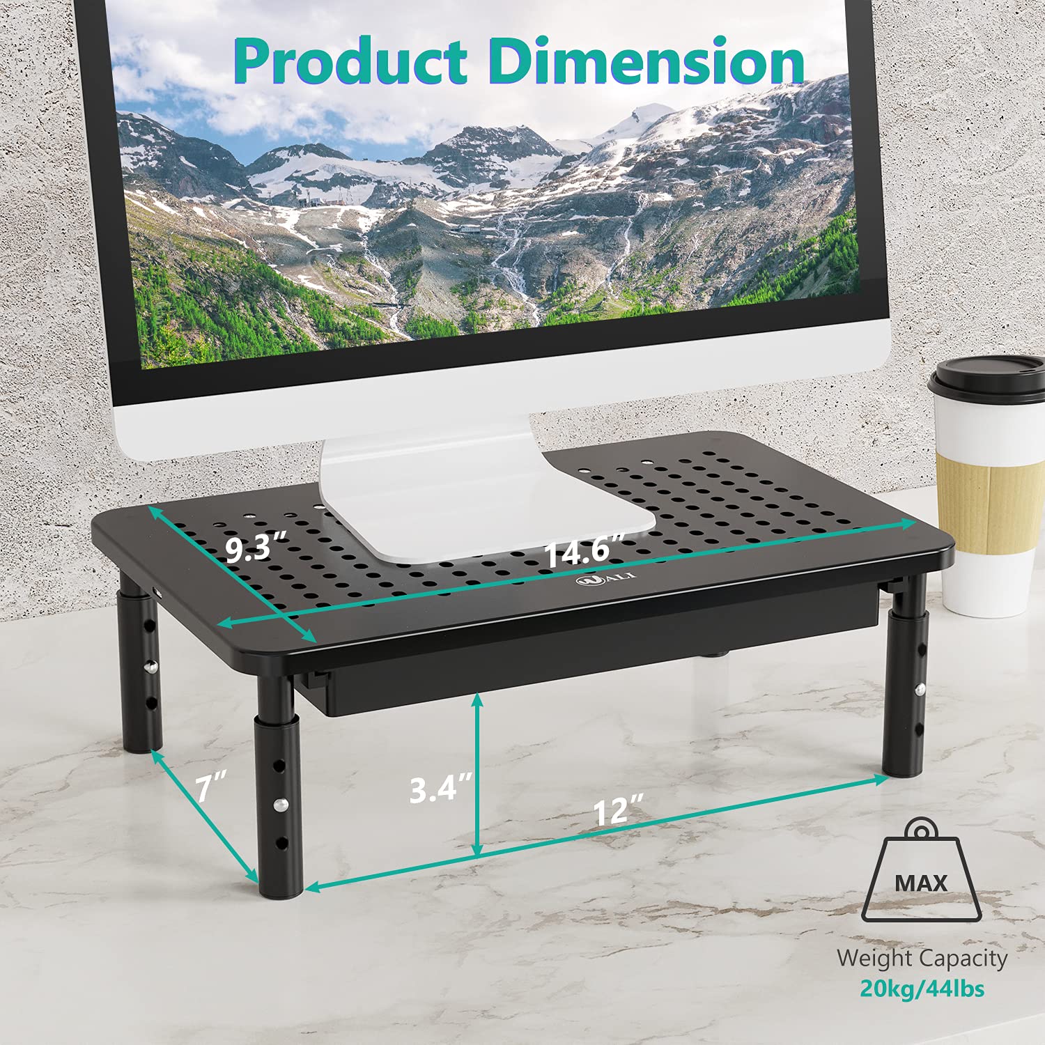 WALI Adjustable Monitor Stand with Storage - 3 Height Settings, Laptop Riser with Airflow Vents, Desk Organizer for Computer, Printer & Notebook (STT003D-B) - Perfect for Home Office, Gaming Setup & Workspace Organization (Black, 1 Pack)