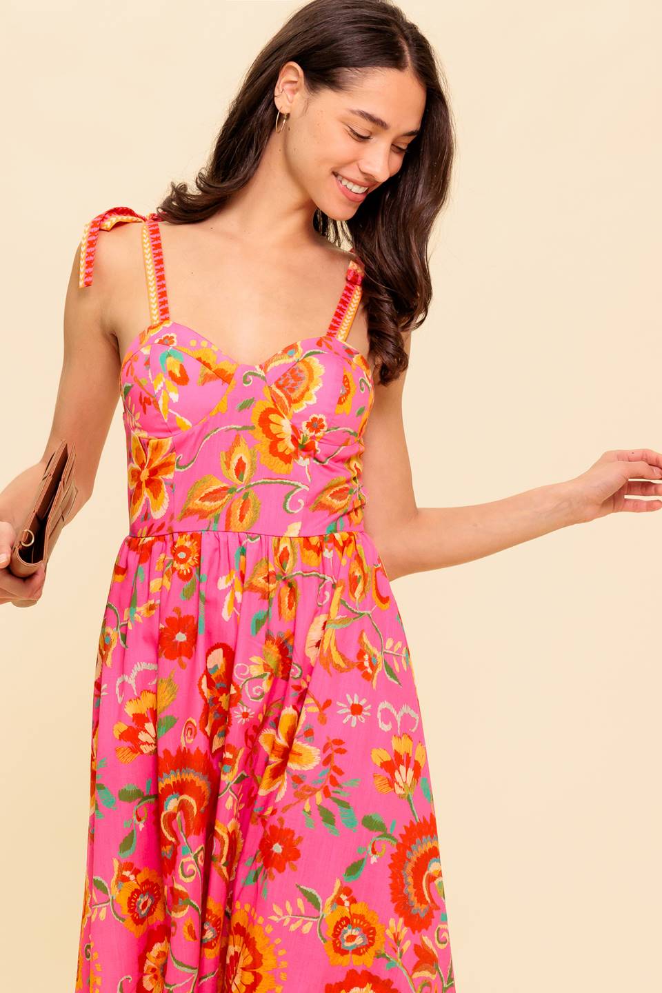 Garden Gathering Bustier Midi Dress in Pink Multi - Perfect for Summer Parties, Weddings, and Outdoor Events