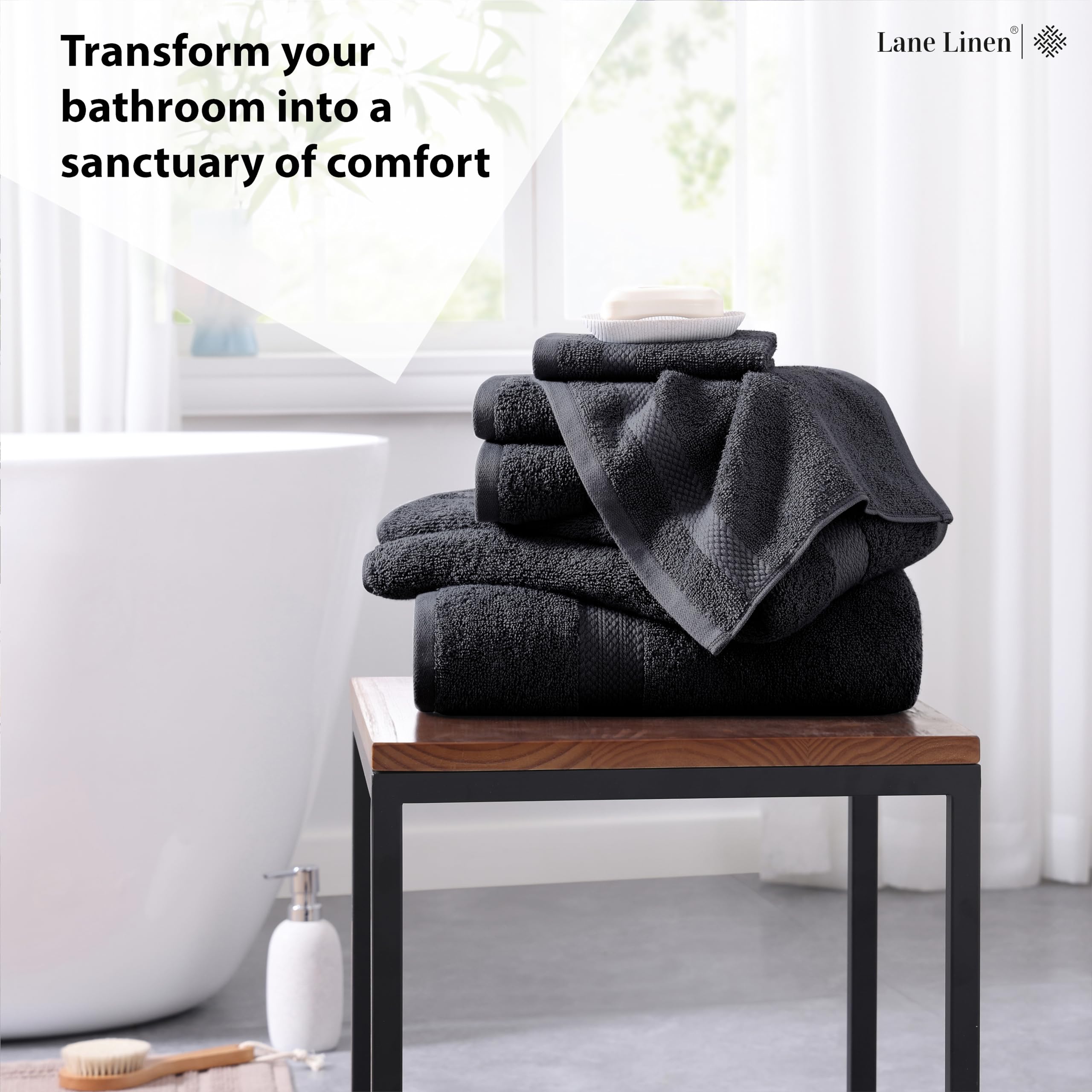 Premium 6-Piece 100% Cotton Bath Towel Set - Ultra Soft & Absorbent Bath, Hand & Face Towels for Spa, Gym & Luxury Bathroom (2 Bath Towels, 2 Hand Towels, 2 Washcloths) - Black