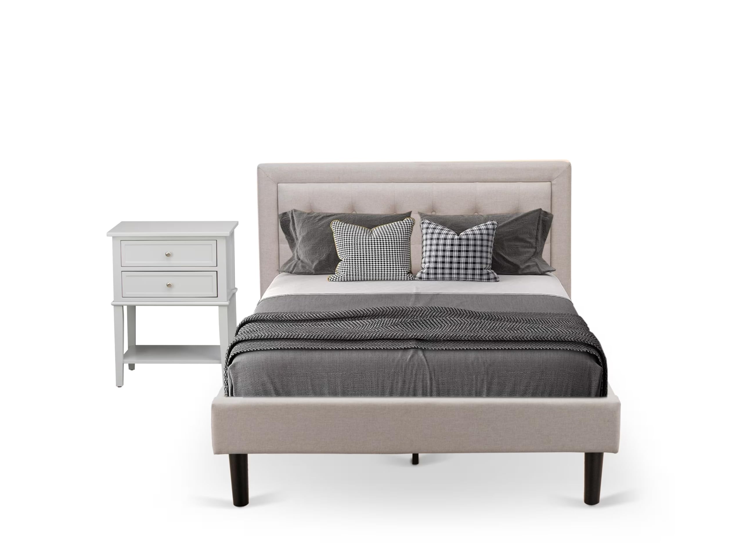 East West Furniture FN08F-1VL14 2-Piece Full Size Platform Bed Frame with Nightstand - Sturdy Beige Linen Fabric Bedroom Set for Modern Homes | Perfect for Small Spaces & Guest Rooms