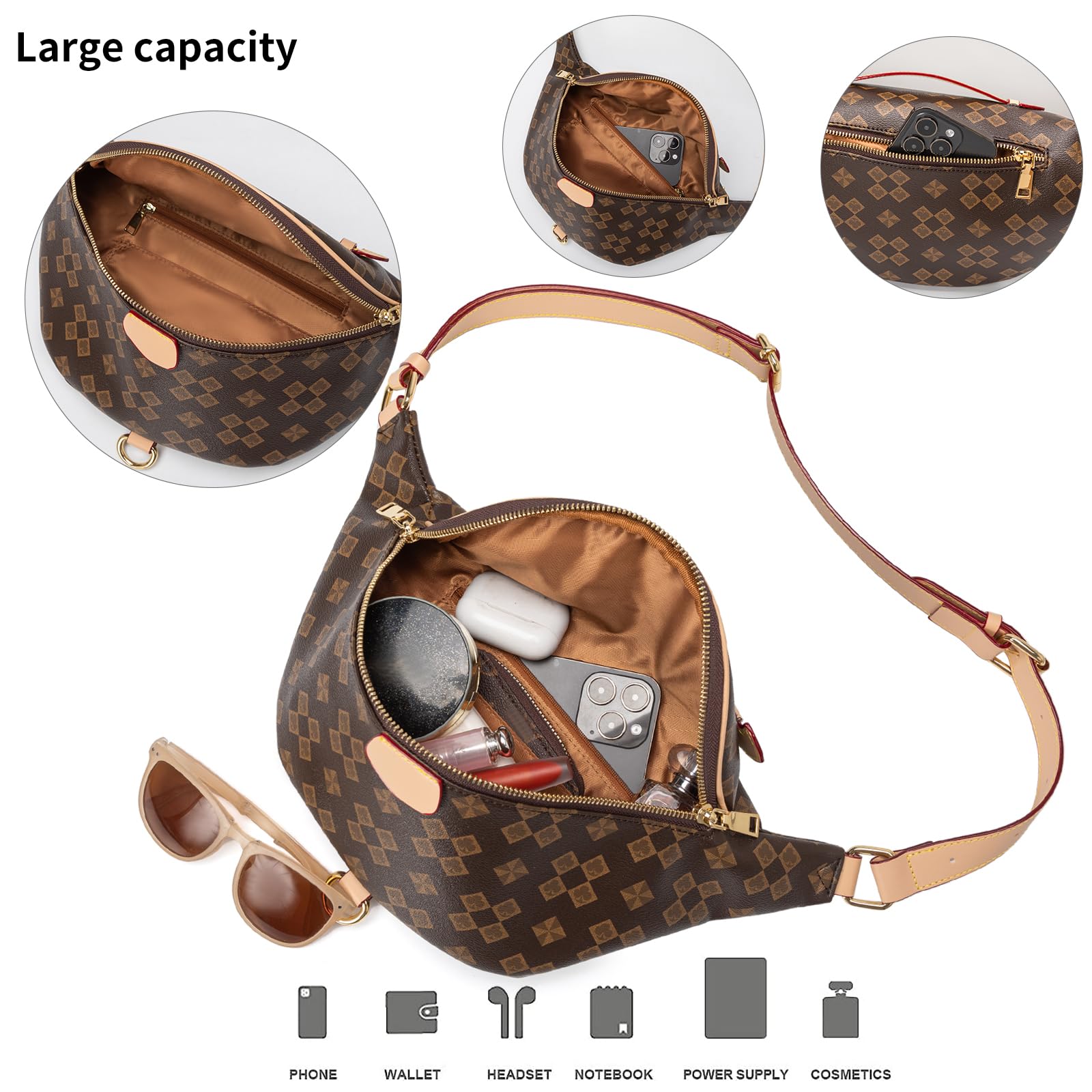 Trendy Checkered Crossbody Sling Bag for Women - Adjustable Strap Fanny Pack with Large Opening & Two-Way Zipper - Chest Bag for Daily Use, Shopping & Travel (Brown) - Perfect for Errands, Commuting & Outdoor Adventures