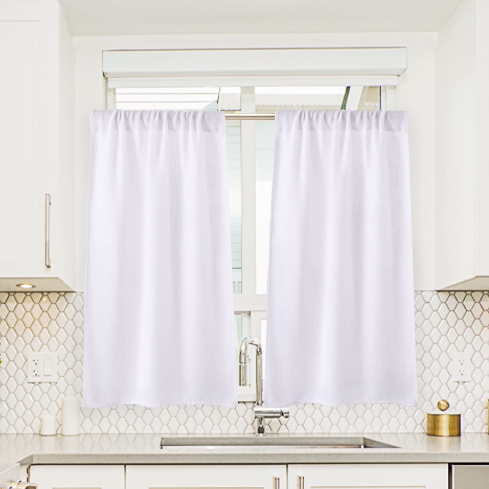 Valea Home Soft Burlap Short Curtains 45 Inch - Rustic Natural Rod Pocket Window Panels for Small Windows (Set of 2, White) - Perfect for Cafe, Kitchen, Bedroom & Bathroom Decor