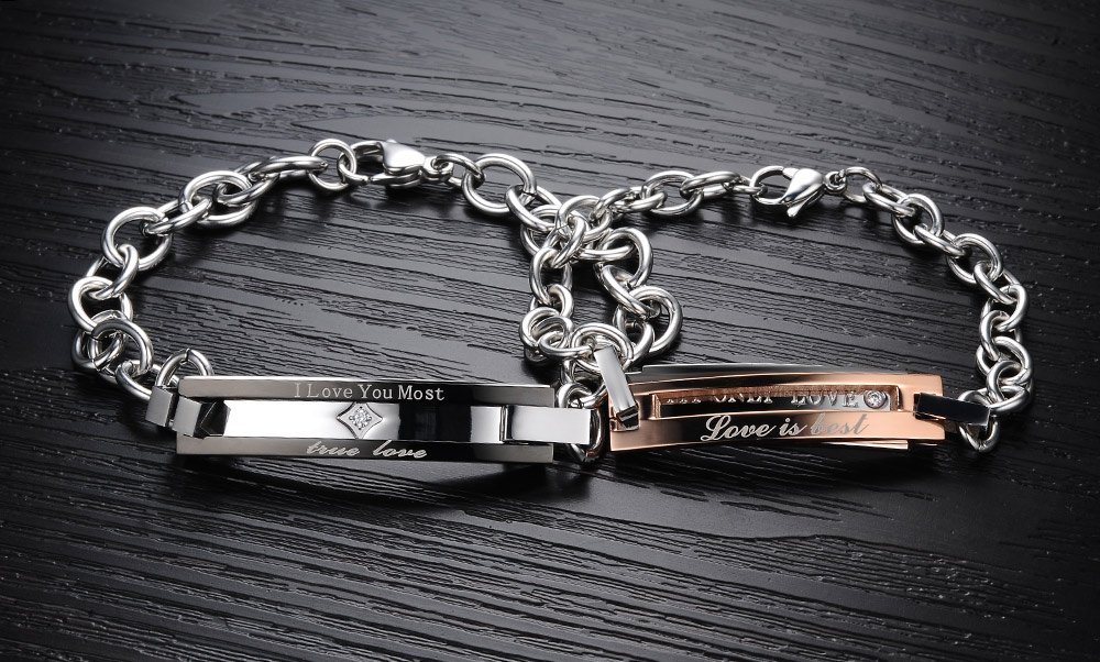 SunnyHouse His & Hers Matching Couple Bracelet Set - Titanium Stainless Steel Korean Style Love Bracelets in Gift Box - Romantic Anniversary Wedding Valentine's Day Gift for Couples