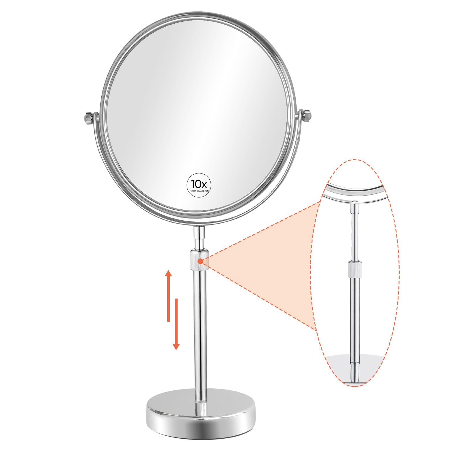 Premium 8 Inch Double-Sided Makeup Mirror with 7X Magnification - Adjustable Height Vanity Mirror for Makeup, Shaving & Skincare - Chrome Finish Tabletop Mirror for Bathroom, Bedroom & Dressing Room