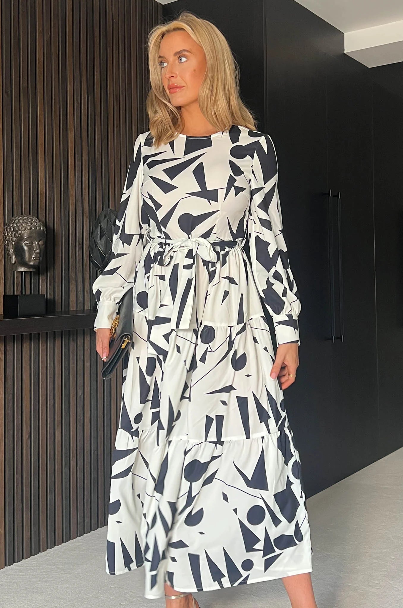 ANGELINA TIE WAIST DRESS - Monochrome Floral Print Women's Summer Dress for Casual Outings & Beach Vacations
