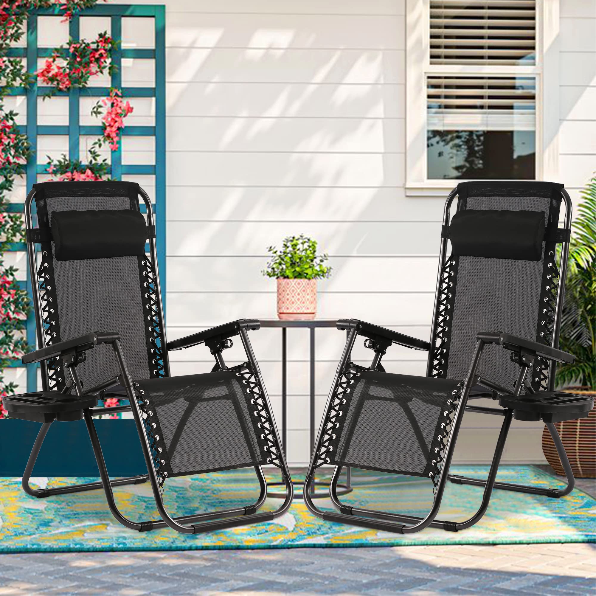 **2 Pack Zero Gravity Reclining Lounge Chairs - Outdoor Folding Patio Chaise with Adjustable Headrest & Cup Holder - Ergonomic Comfort for Backyard, Poolside, Beach & Camping Relaxation**