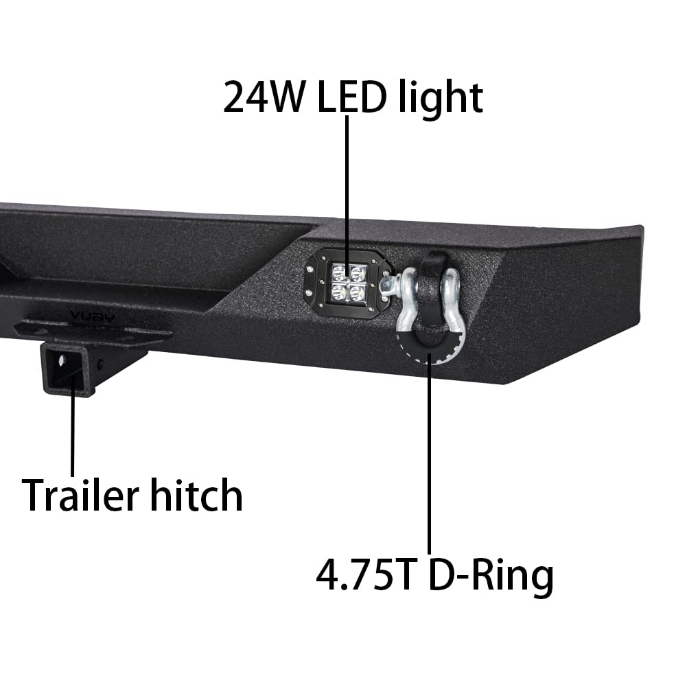 Wrangler Rear Bumper for 87-06 Jeep Wrangler TJ & YJ - Heavy Duty Winch Plate, 2x24W LED Lights & 2.75T D-Rings | Off-Road Adventure & Truck Protection Accessory