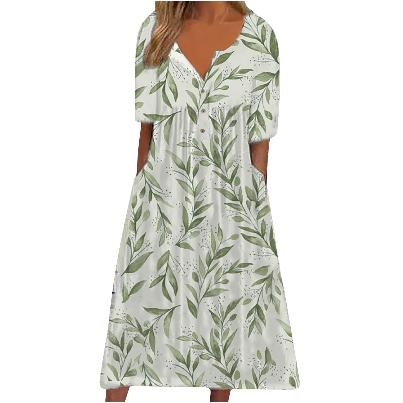 Women's Summer Floral V-Neck Button Short Sleeve Midi Dress with Pockets - Casual Loose Beach Sundress for Outdoor Activities, Vacations & Date Nights