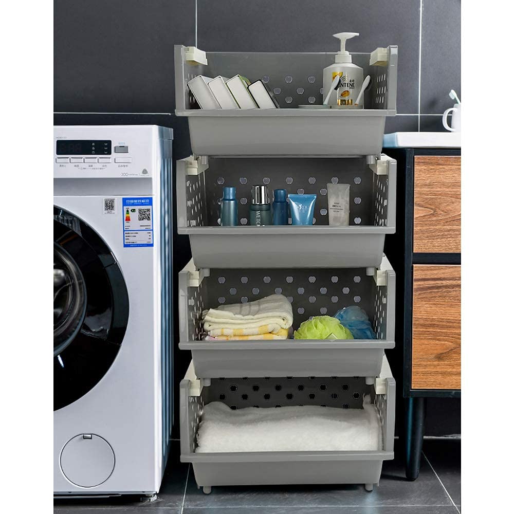 4-Tier Plastic Kitchen Stacking Basket - Space-Saving Storage Organizer for Pantry, Bathroom & Laundry (Grey) - Perfect for Fruits, Vegetables, Toys & Closet Organization