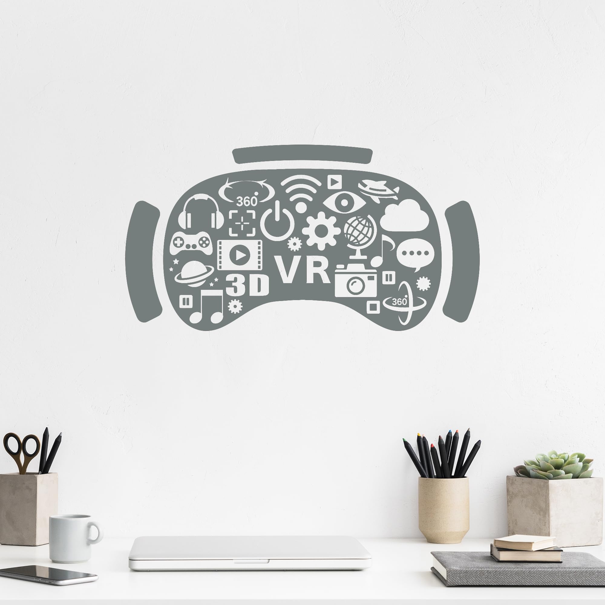 VR Headset Vinyl Wall Decal - Virtual Reality Gadget Art Sticker for Gaming Room & Office Decor - Large Removable Mural (ig5338) - Perfect for Gamer Cave, Man Cave & Tech Enthusiast Spaces