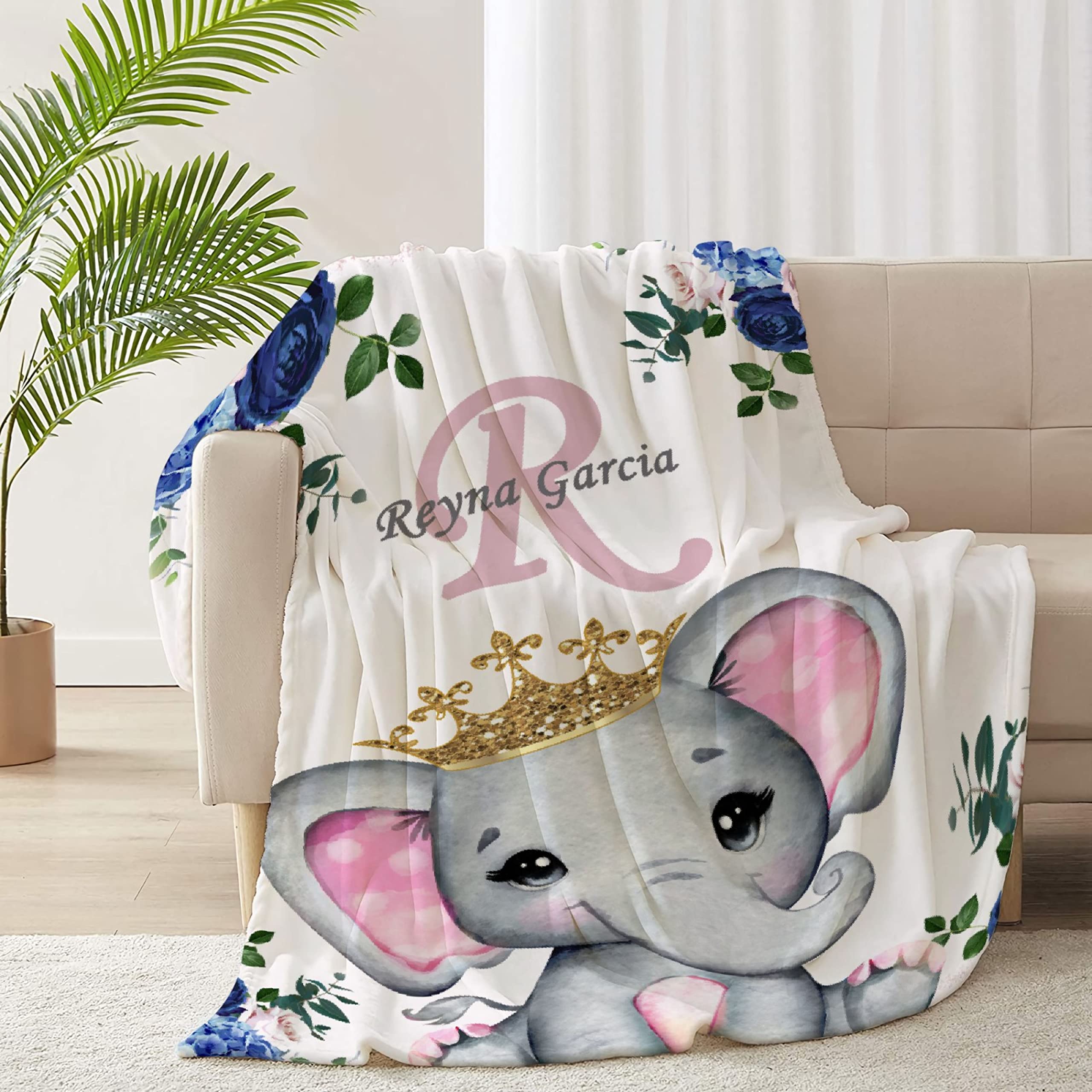 Personalized Baby Blanket with Name - Pink Floral Elephant Design Custom Fleece Blanket for Girls & Boys | Soft 120