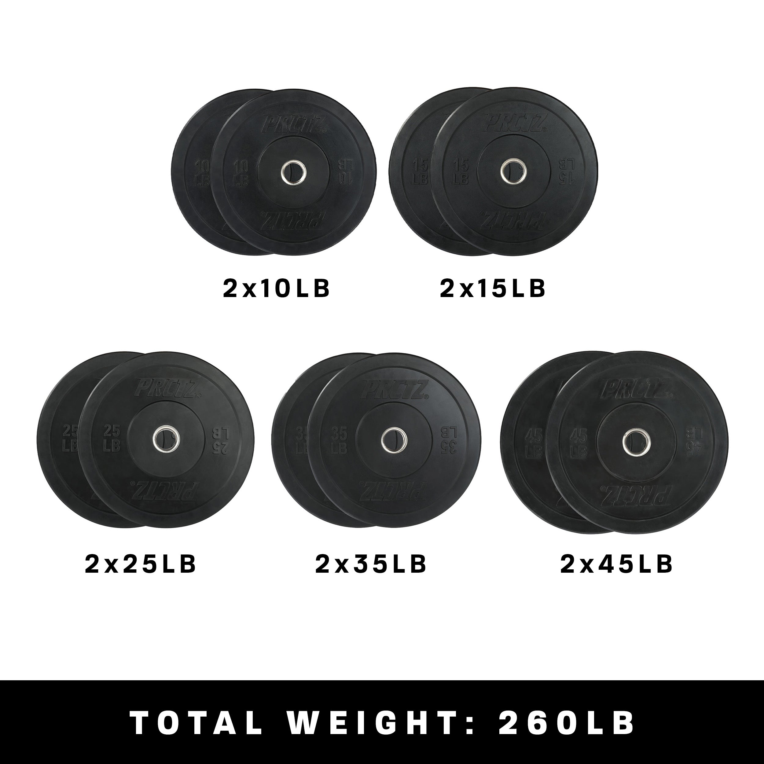PRCTZ 260 lb Rubber Bumper Weight Plate Set - 2