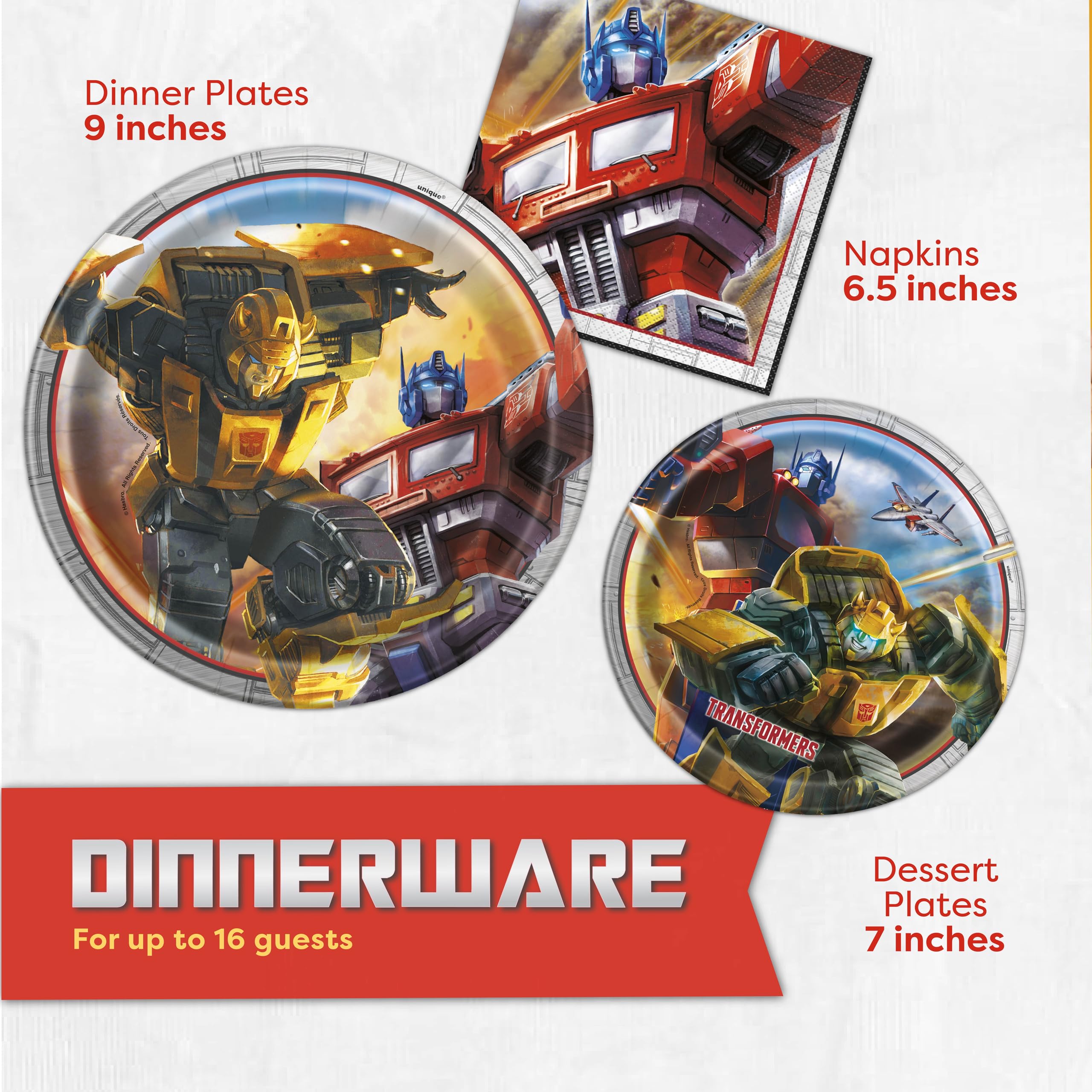 Transformers Birthday Party Supplies Set - 16-Piece Dinner & Cake Plates, Napkins, Table Cover, Buttons - Officially Licensed Kids Party Decorations for Birthdays, Themed Events & Celebrations