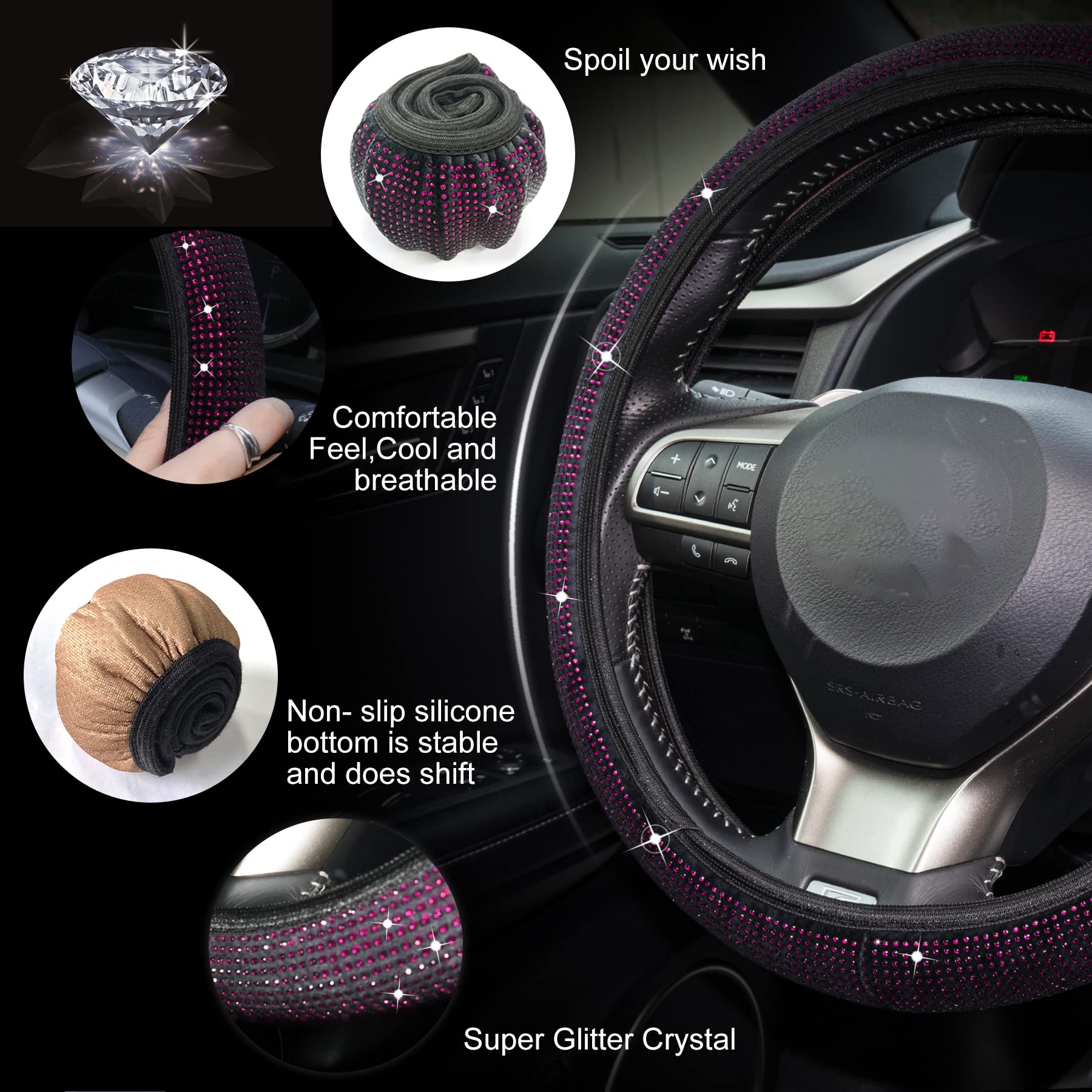 Sparkly Rhinestone Steering Wheel Cover - Stretchable, Breathable & Anti-Slip Car Accessory for Women | Cute Bling Interior Decor | Perfect Gift for Her | Great for Daily Commute, Road Trips & Car Enthusiasts - Purple