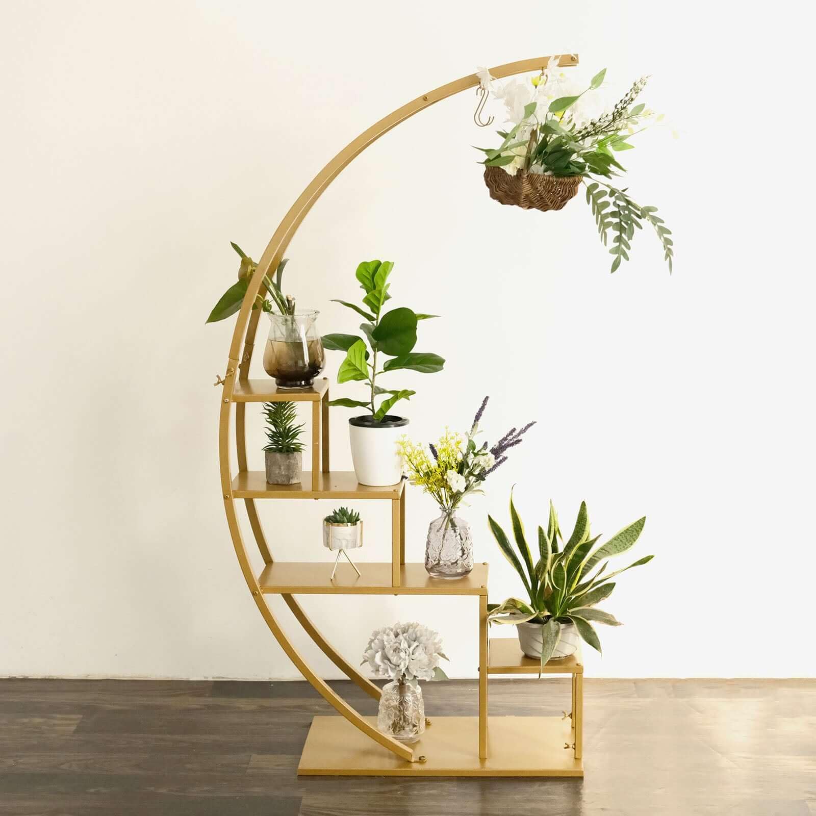 Efavormart 4.5ft Gold Metal 4-Tier Half Moon Plant Shelf with Hanging Hooks - Cupcake Dessert Display Stand for Home Decor, Wedding, Party & Retail Store Display