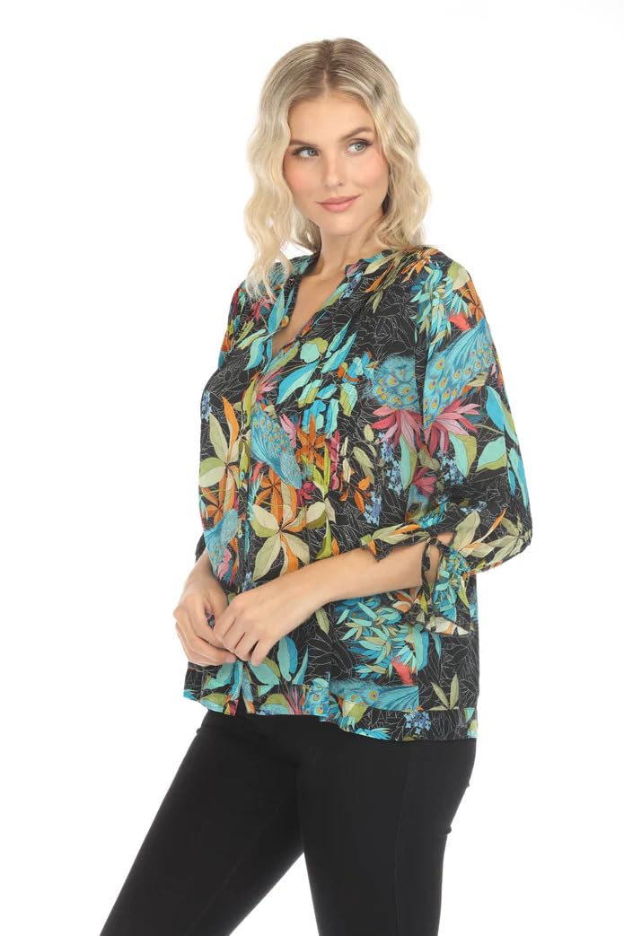 Johnny Was Vacanza Blouse - Floral Peacock Print Deep Black Button Up Shirt Top for Women, Small | Boho Chic Style for Casual Wear, Date Nights & Summer Outfits