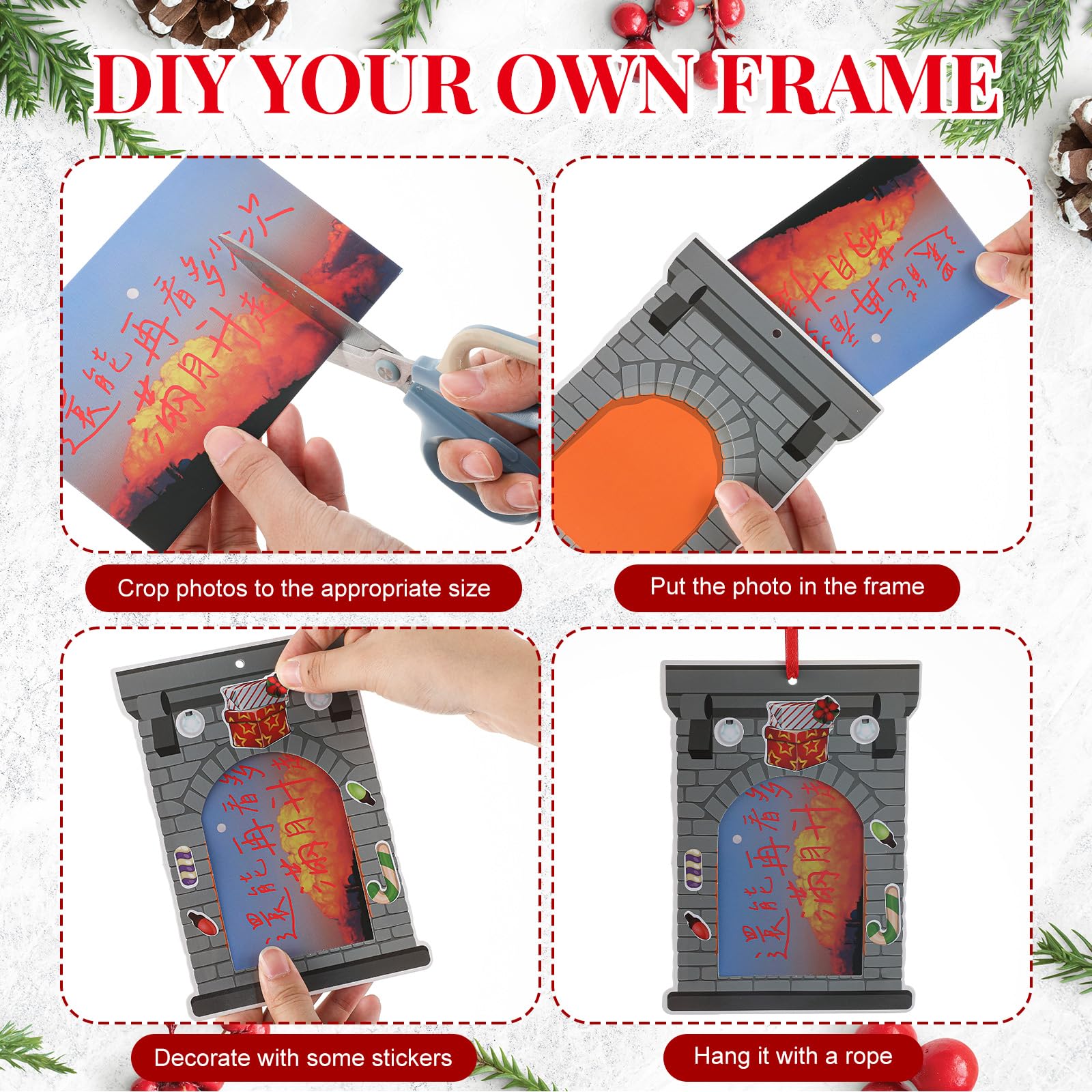 WILLBOND 36-Pack Christmas DIY Photo Frames Kit for Kids - Xmas Tree Ornaments with Stickers for Holiday Party Decor (Fireplace)
