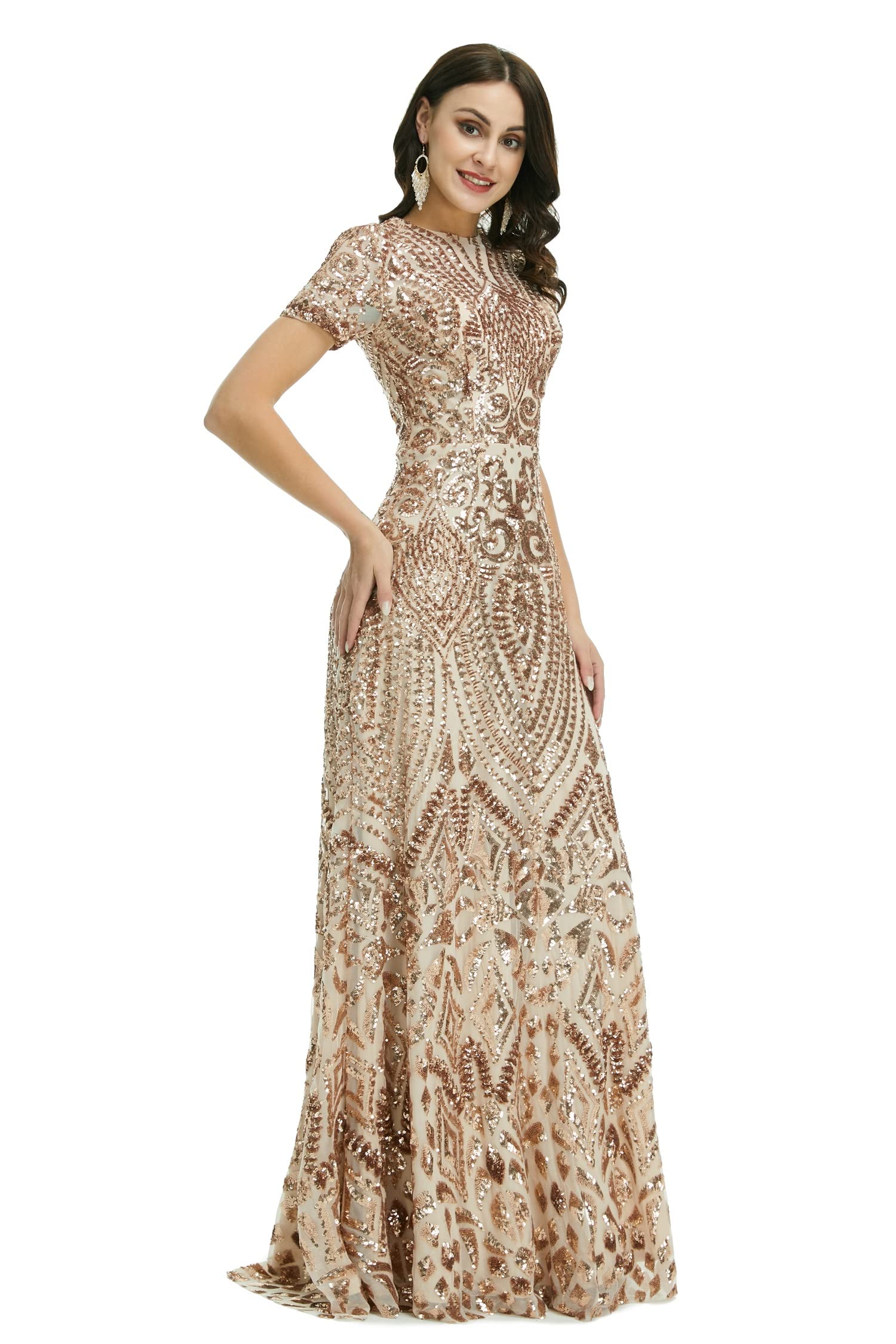 Elegant A-Line Sequined Short Sleeve Evening Dress for Bridesmaid, Prom & Formal Events - Perfect for Weddings, Parties & Special Occasions