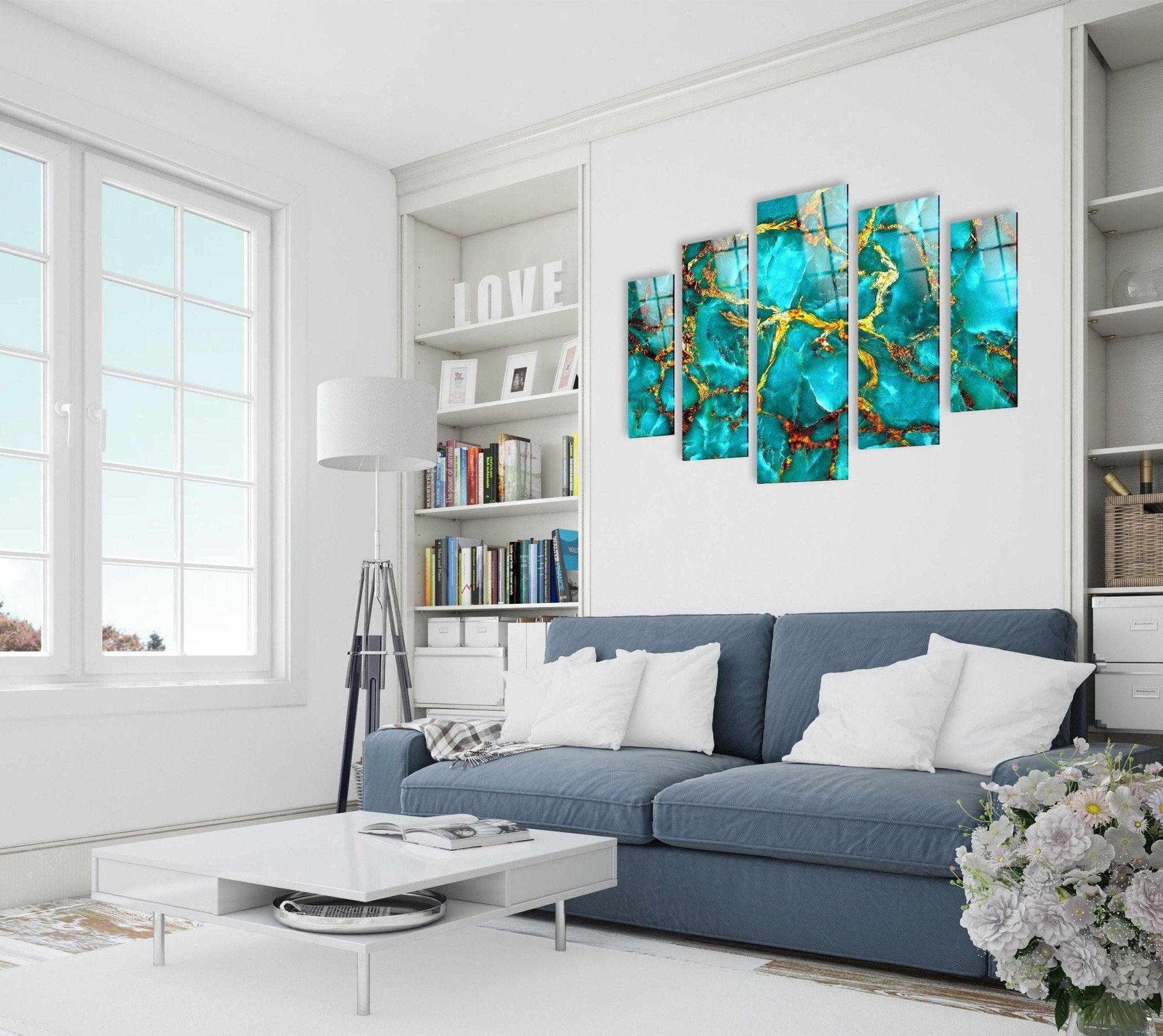 Abstract Glass Wall Art in Aqua Blue with Gold Veins - Modern Home Decor for Living Room, Bedroom & Office