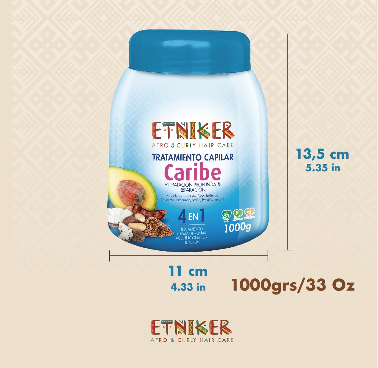 ETNIKER CARIBE 4-in-1 Hair Treatment for Afro, Curly & Wavy Hair - Deep Conditioner, Styling Cream, UV Protection & Repair Mask with Natural Oils (Paradise Nut, Coconut, Avocado) - 33 oz for Salon-Quality Styling & Damaged Hair Care