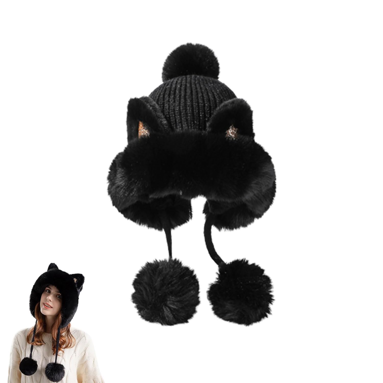 Cozy Fluffy Knit Beanie Hats for Women - Winter Warm Pompom Beanie with Cat Ears & Adjustable Drawstring - Perfect for Cold Weather, Outdoor Activities & Fashion Accessories