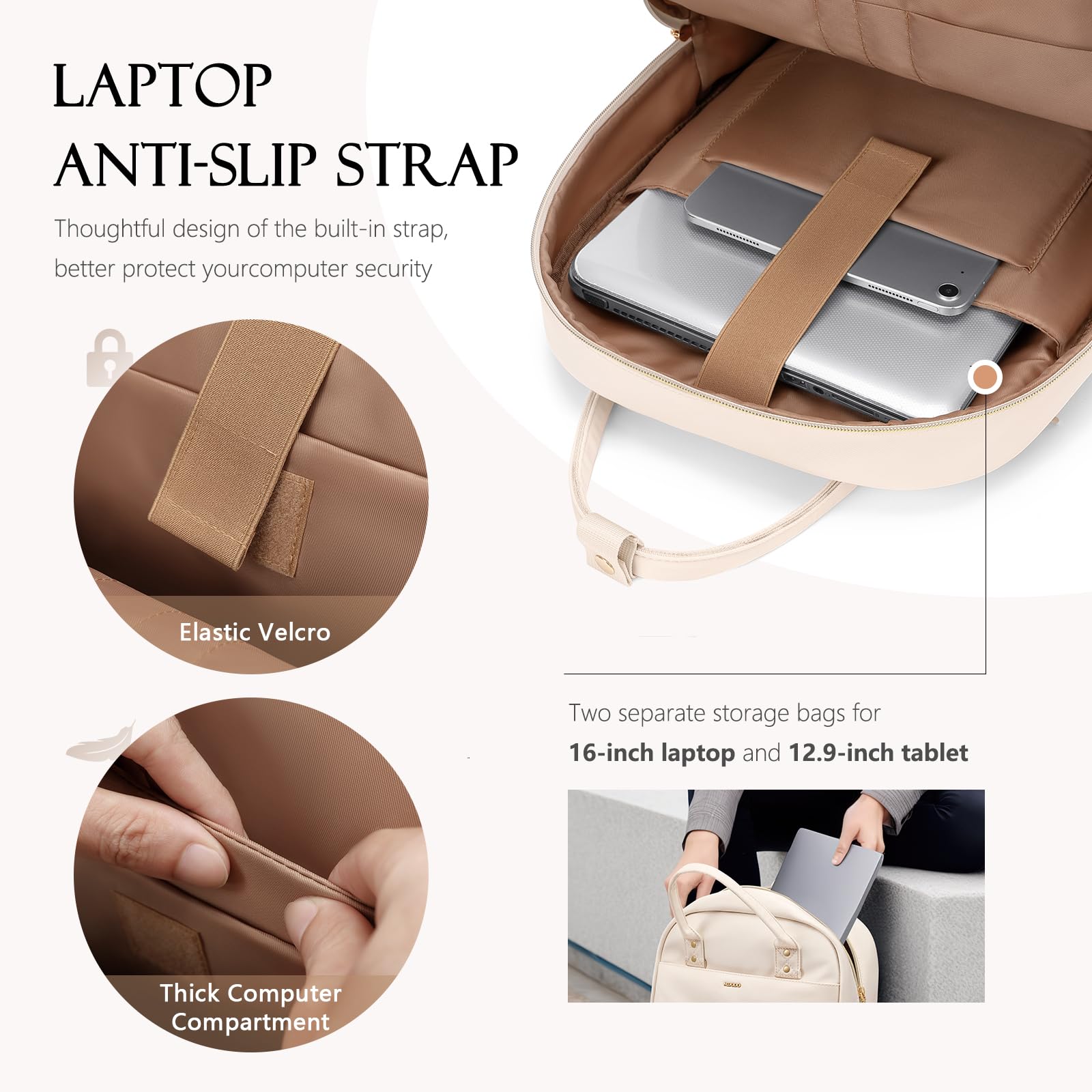 Waterproof 16 Inch Laptop Backpack for Women - Stylish Teacher & Nurse Work Bag with Dedicated Laptop Compartment - Perfect for College, Office, Travel & Daily Commute (Beige) | Ideal for Professionals, Students & Frequent Travelers