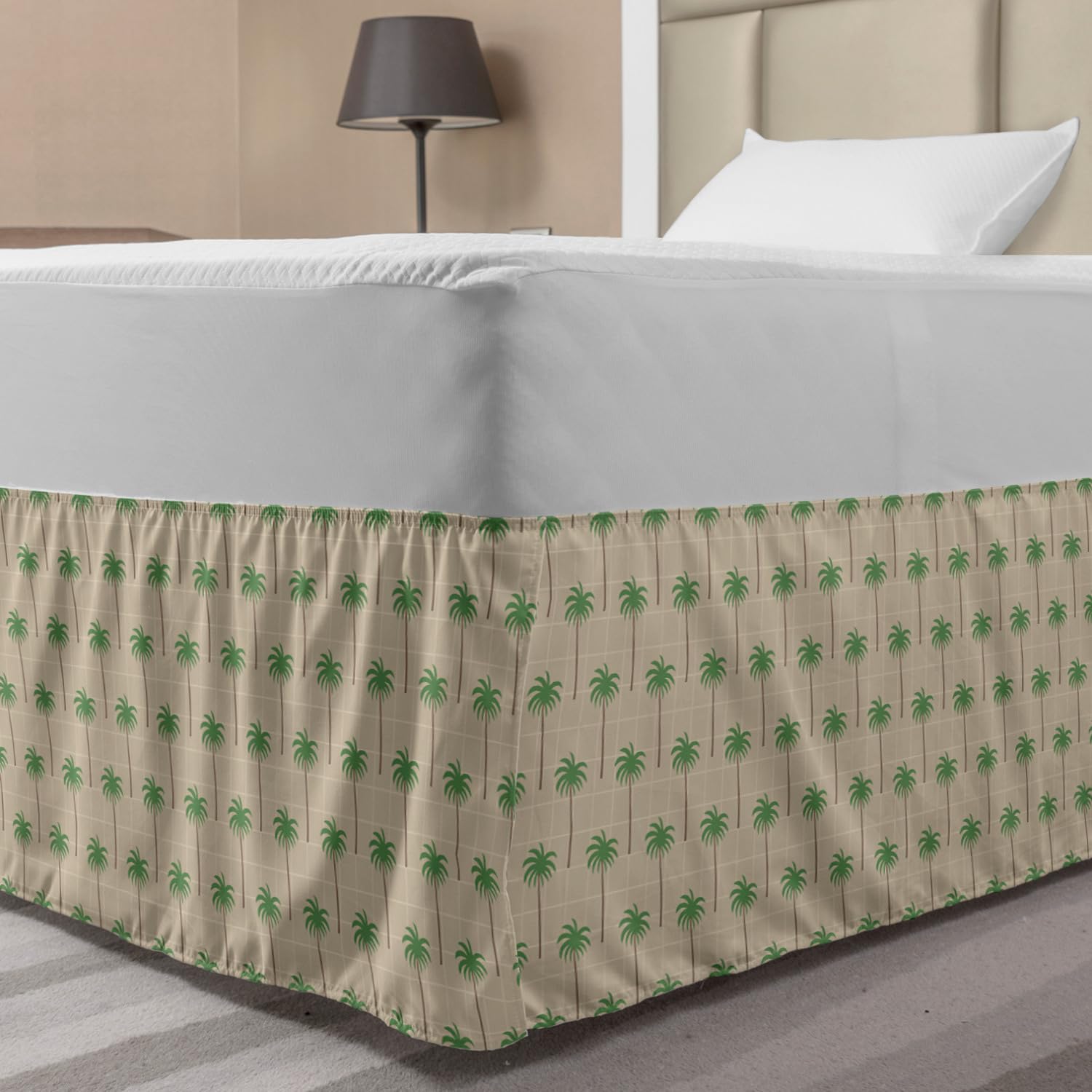 Ambesonne Elastic Bed Skirt with Palm Trees Design - Twin/Twin XL Size, Pale Sepia & Multicolor Grid Pattern - Breathable Wrap-Around Dust Ruffle for Bedroom Decor | Perfect for Beach House, Tropical Theme or Vacation Style Bedding